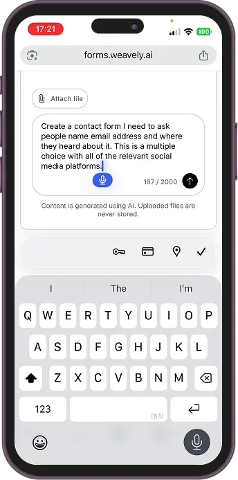 Screenshot showing how to generate form using AI in Weavely AI.