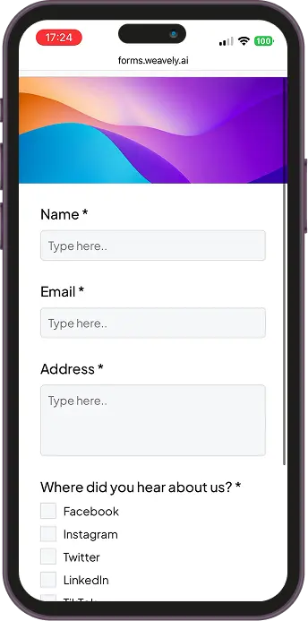 Screenshot showing a form generated on mobile with Weavely AI.