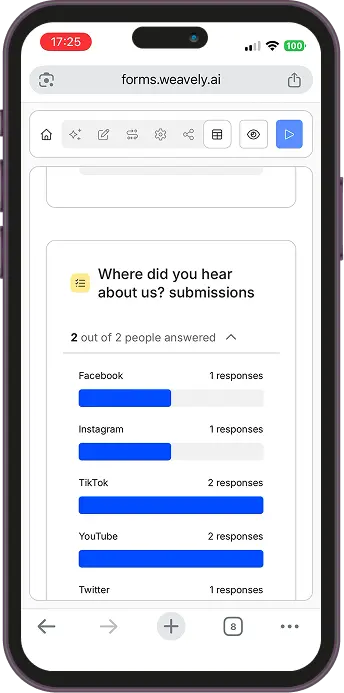 Screenshot showing form results in Weavely AI on mobile.