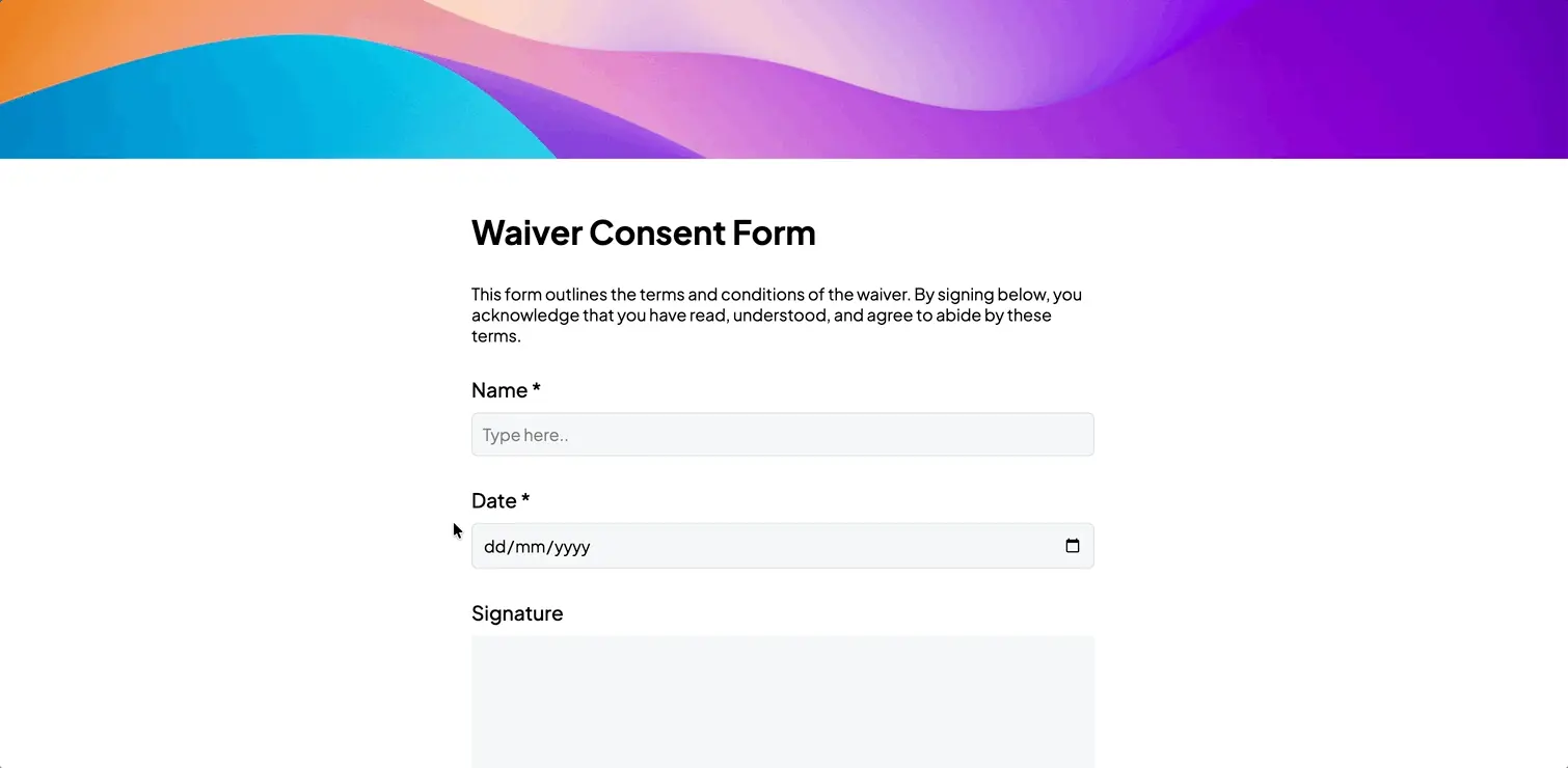 Animated screenshot showing a signature field being used in a Weavely AI form.