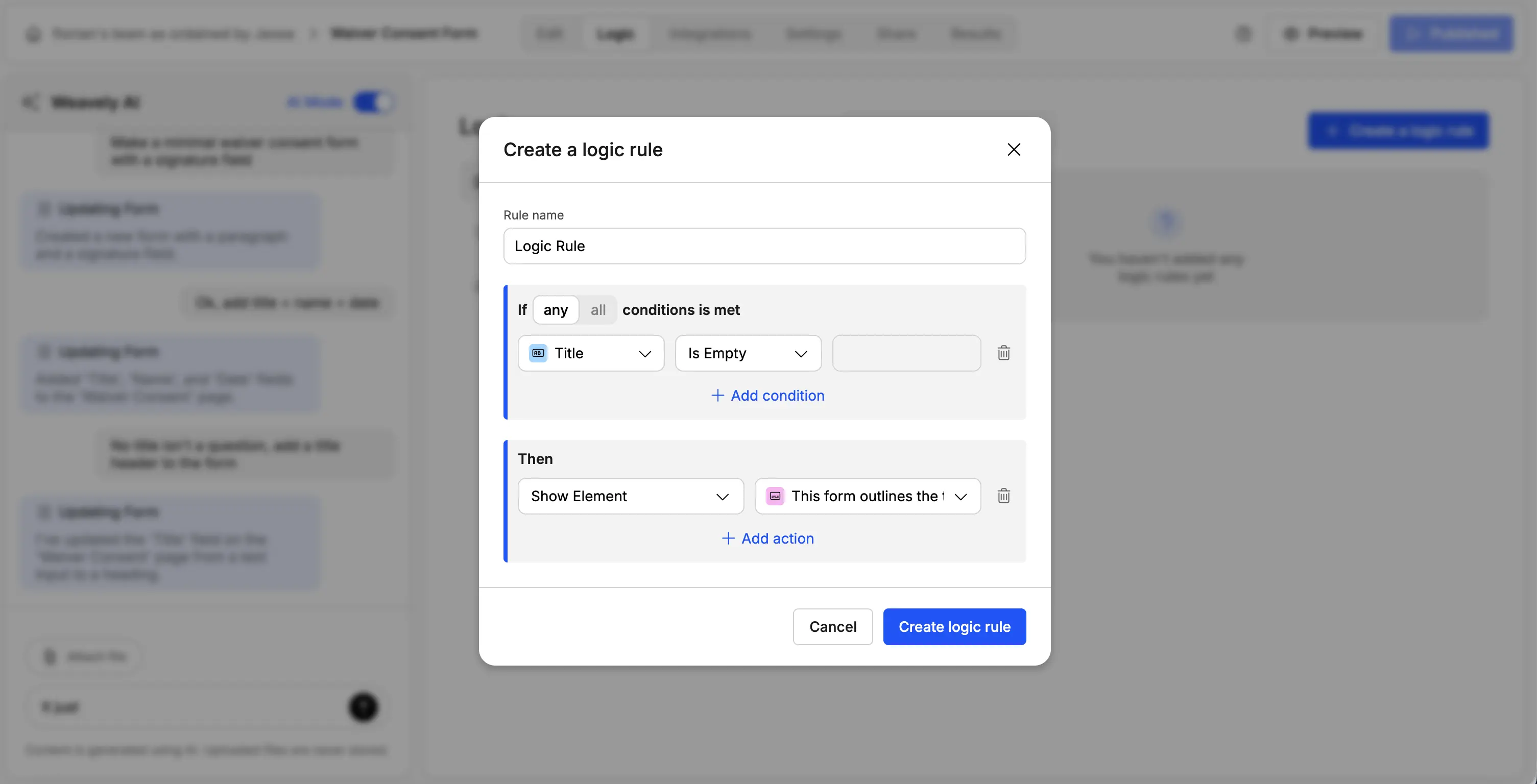 Screenshot showing the creation of an advanced conditional logic rule in the Weavely AI editor.