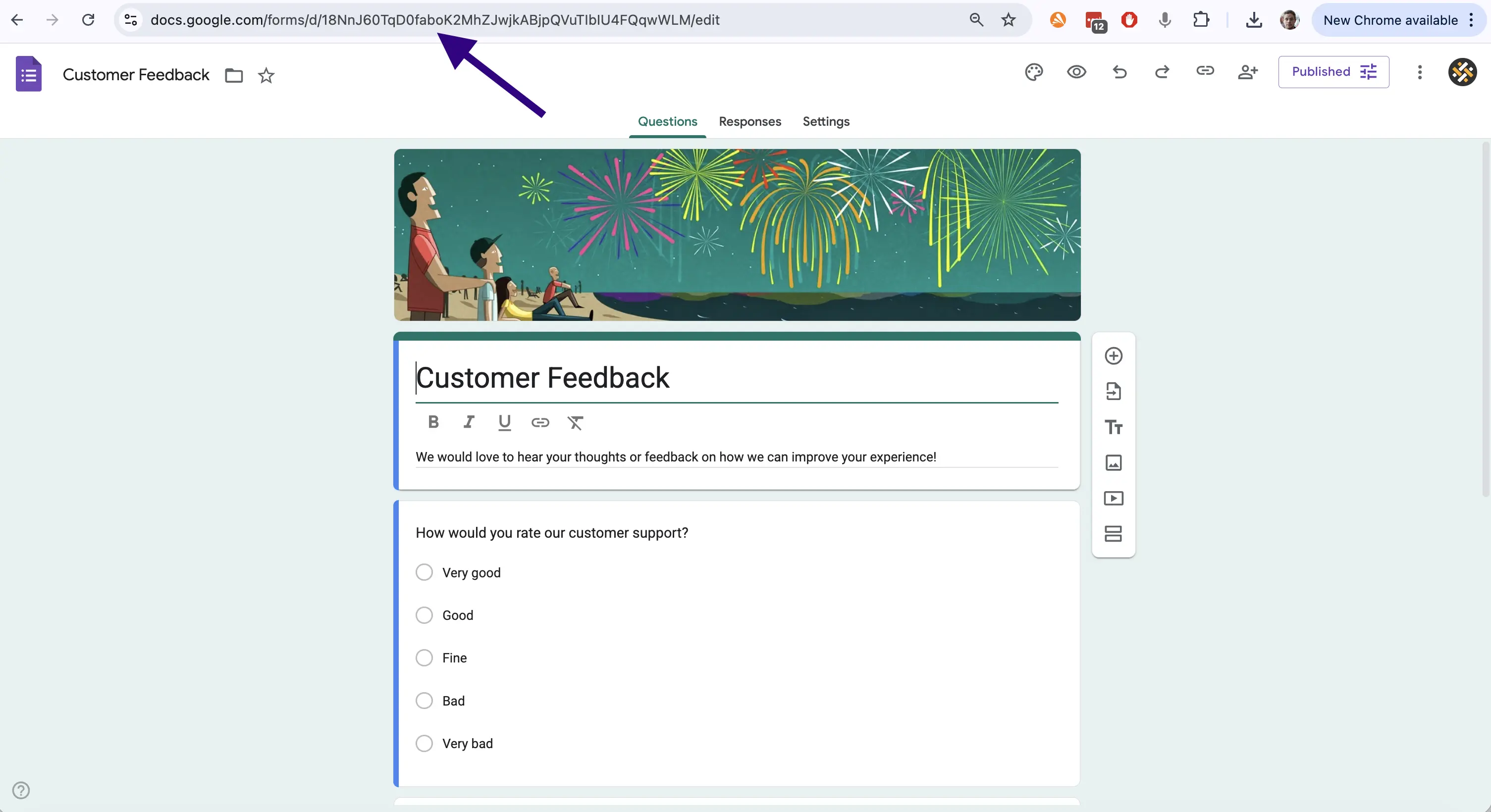Screenshot showing where to find a Google Form's edit link.