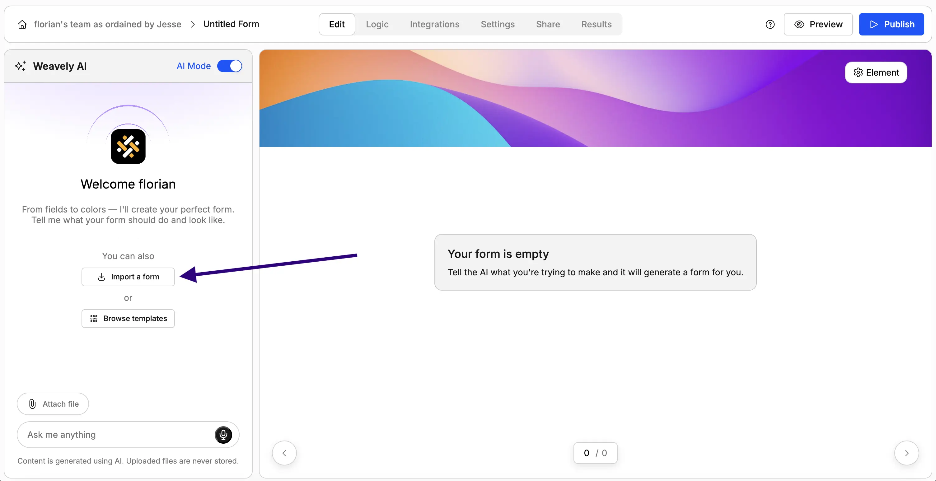 Screenshot showing how to start importing a Google Form into Weavely AI