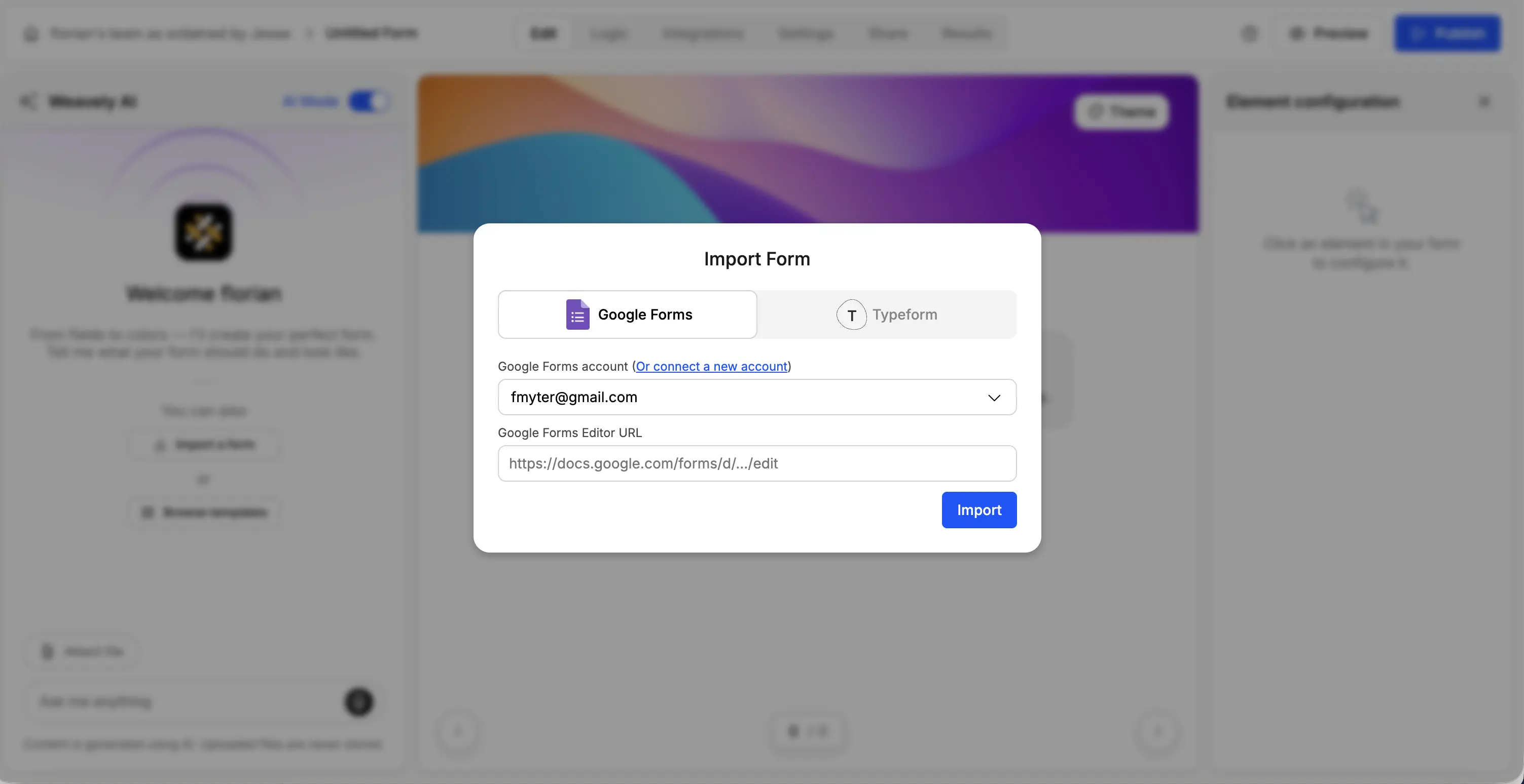 Screenshot showing how to import a Google Form using the edit link in Weavely AI.