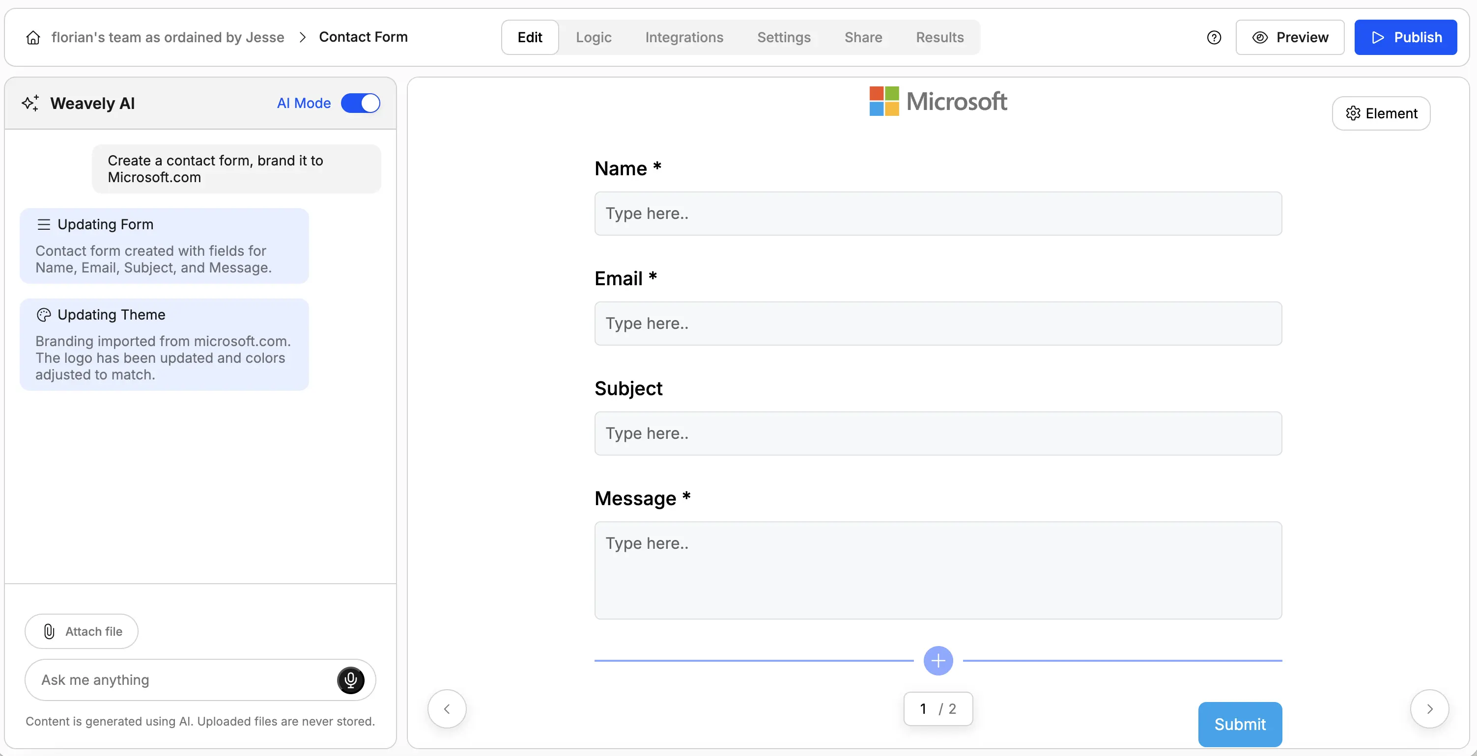 Screenshot showing the creation of Microsoft branded contact form in weavely.ai