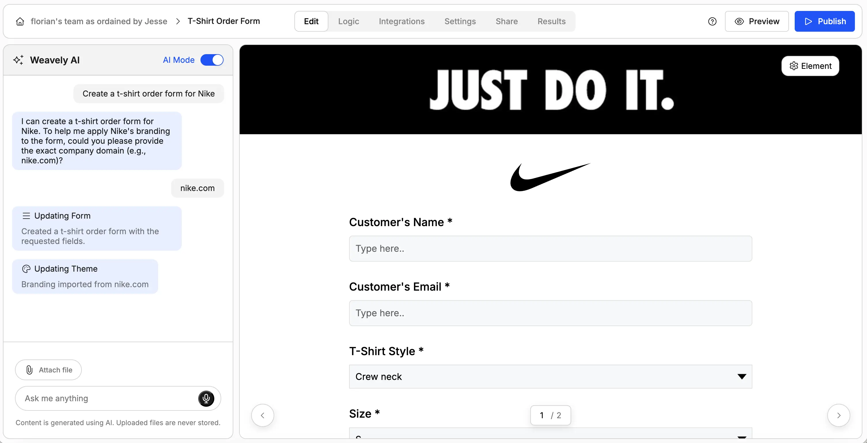 Screenshot showing the generation of a Nike-branded t-shirt order form using weavely.ai.