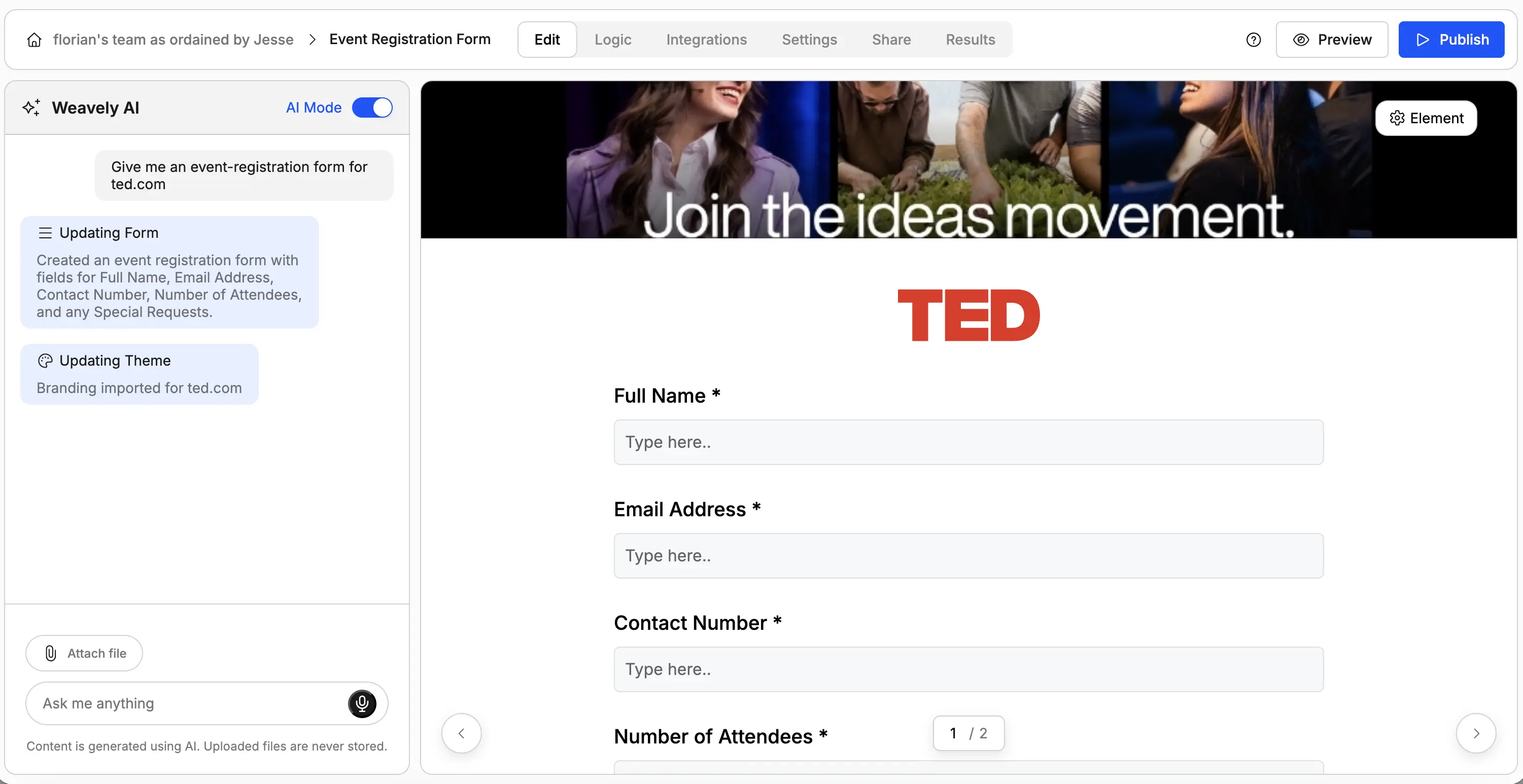 Screenshot showing the generation of TedX event registration form using weavely.ai.