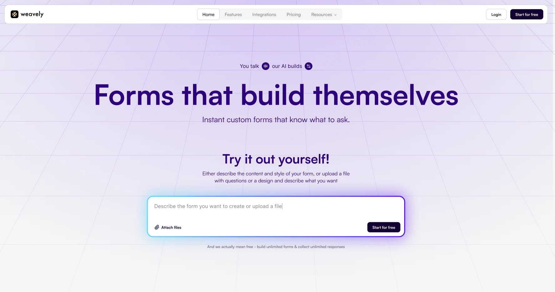 Weavely homepage. Weavely is an AI form builder that offers a free native integration with Mailchimp