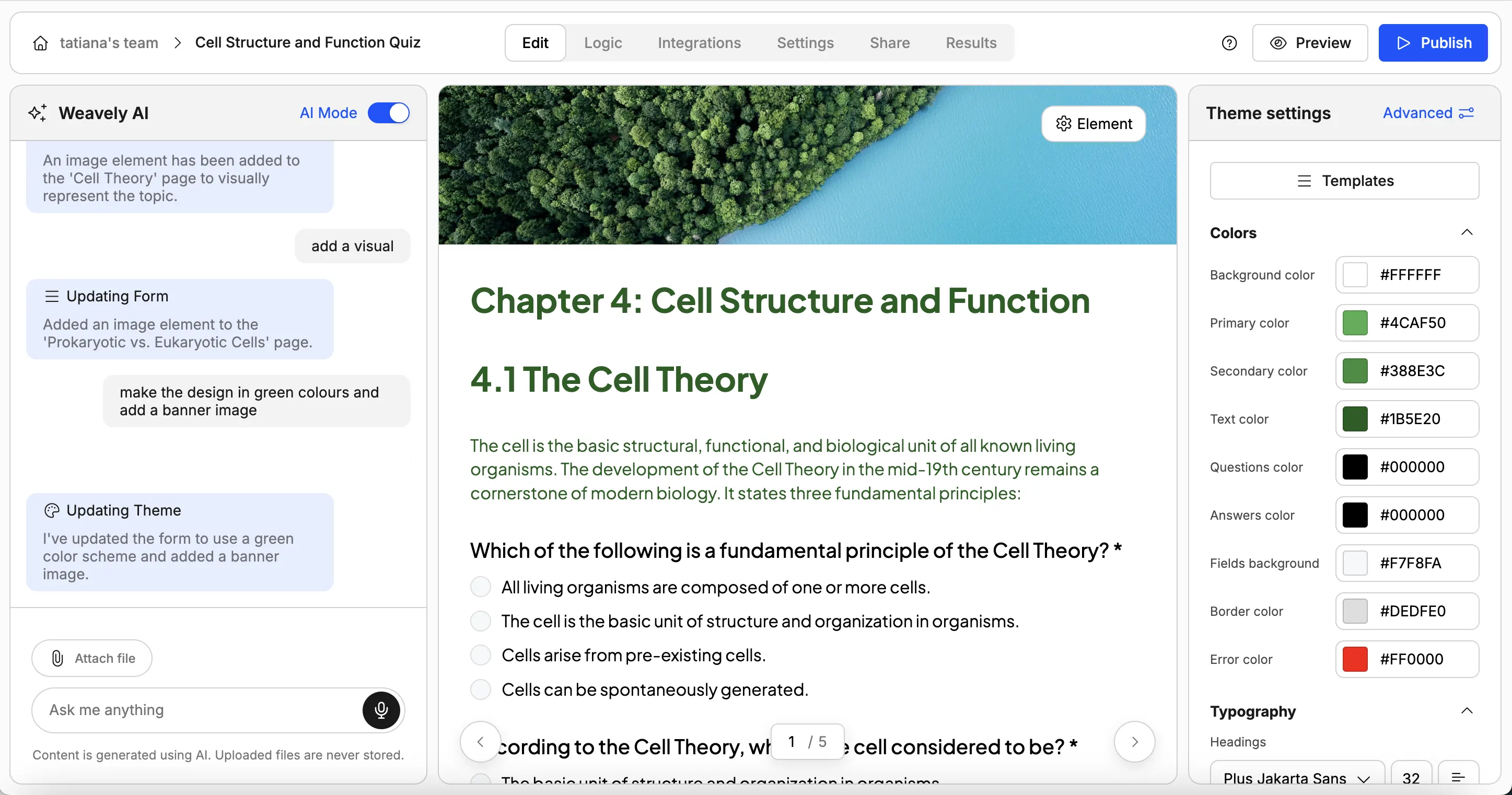 Customizing a quiz in Weavely