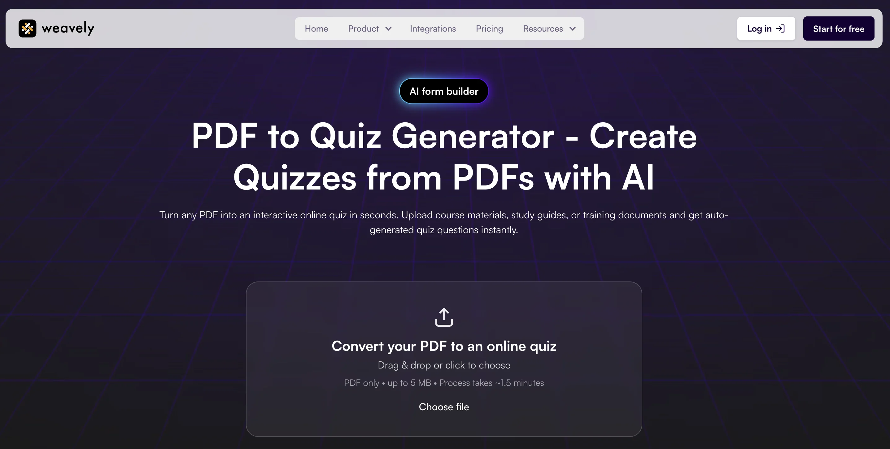 Weavely AI quiz generator that converts PDFs into online quizzes