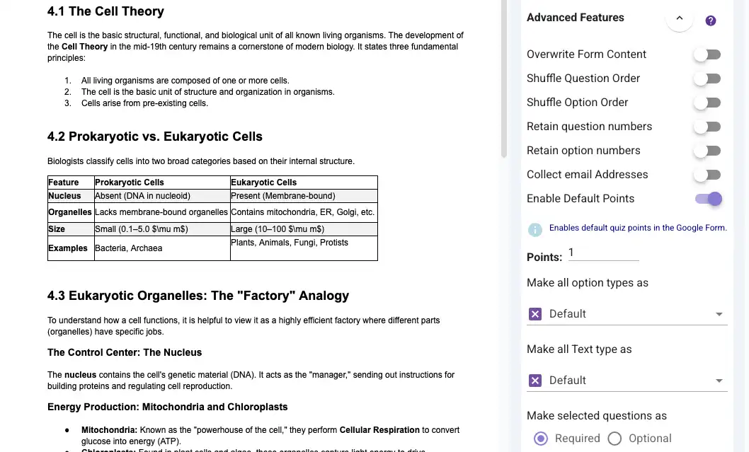 Advanced features section in Form builder for Docs that lets you auto-score a quiz in Google Forms