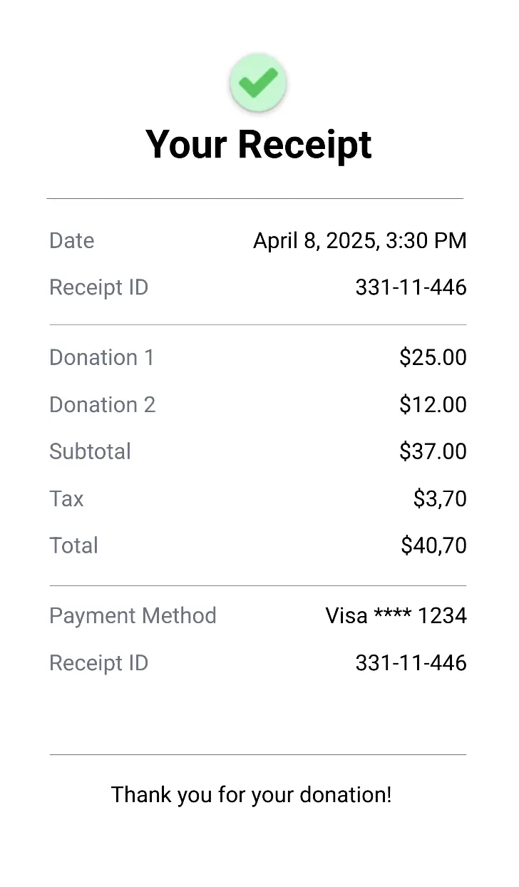 Screenshot showing an example donation receipt generated by Weavely AI x Orshot