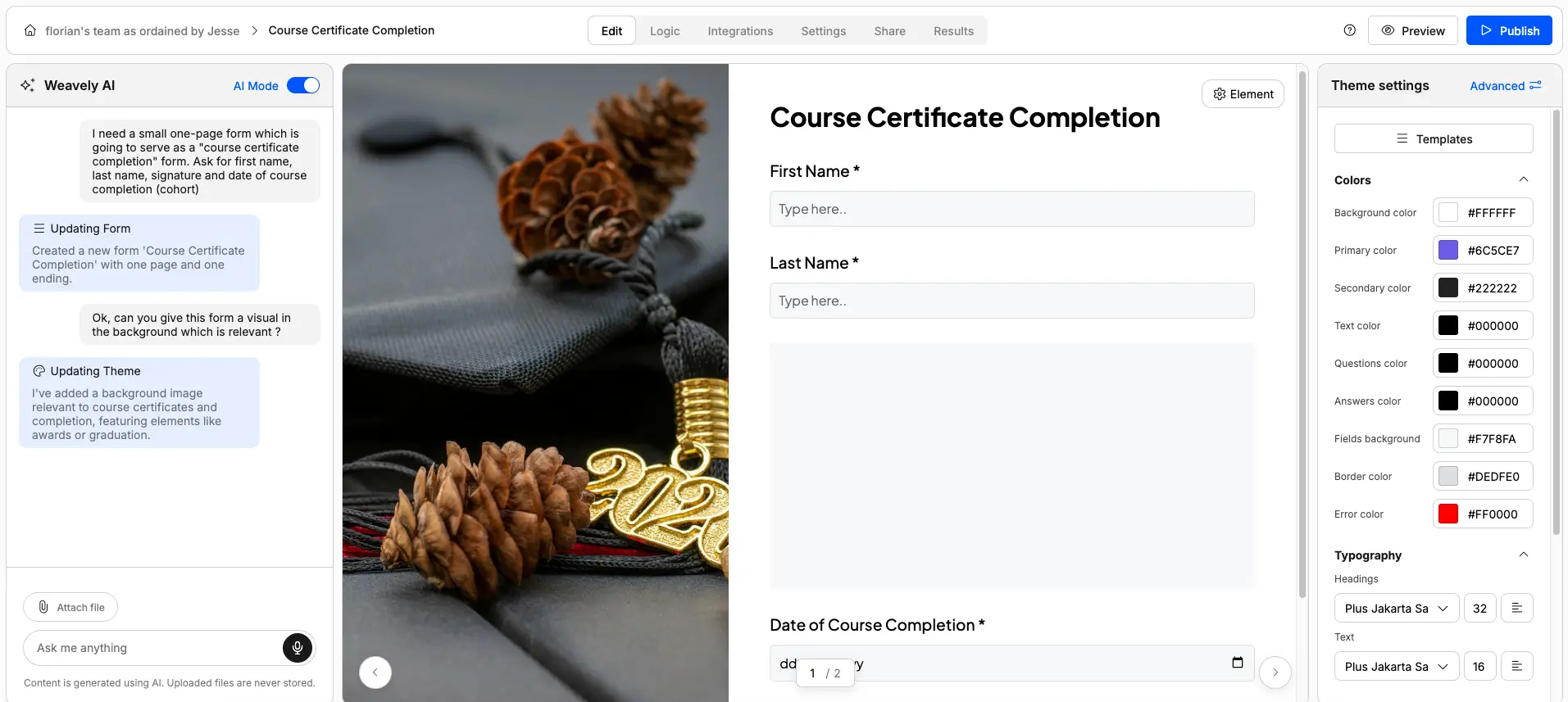 Screenshot showing a course certificate completion form in Weavely AI.
