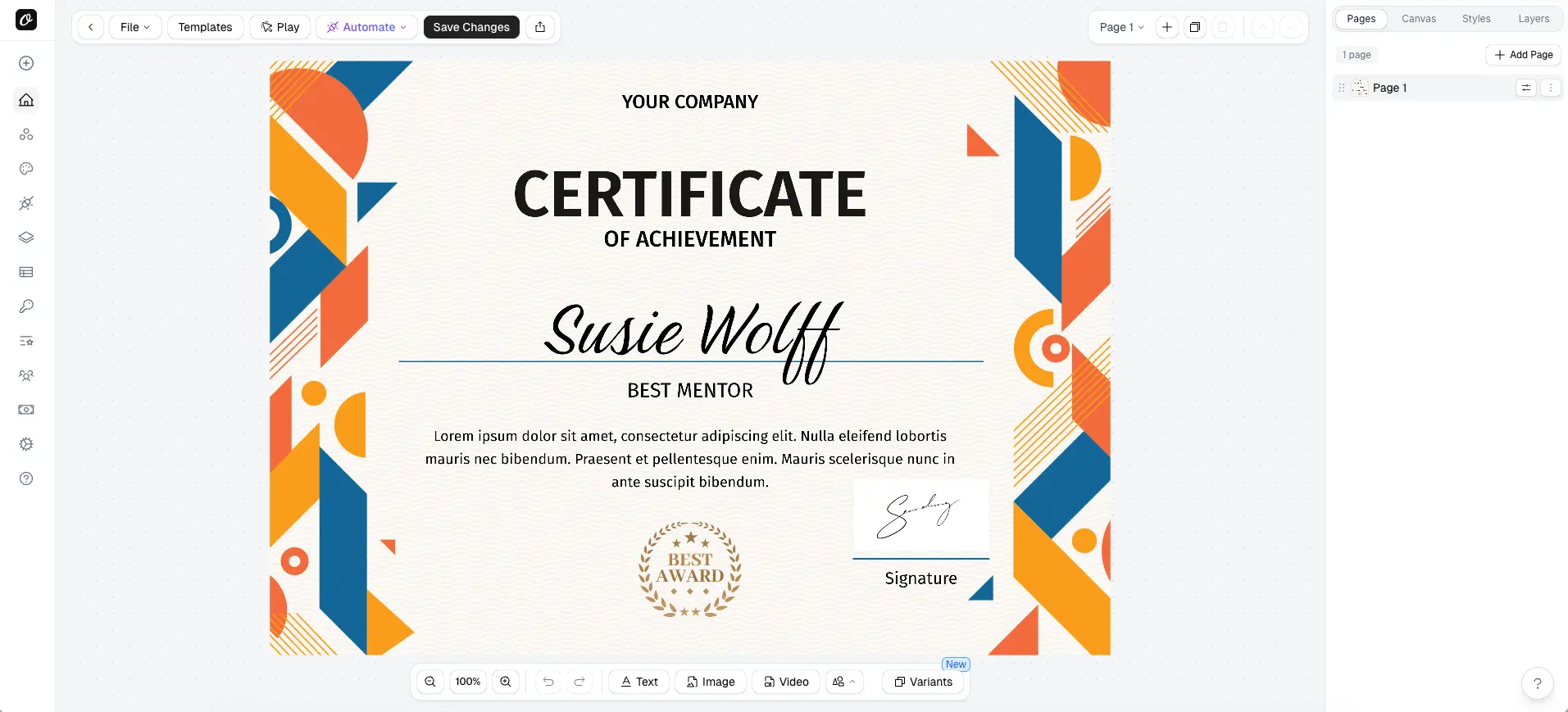 Screenshot of a course certificate being designed in Orshot.