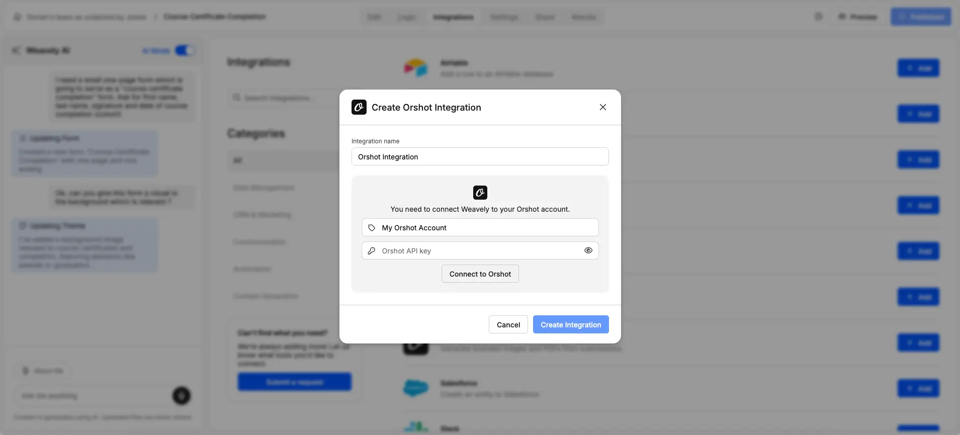 Screenshot showing how to connect Weavely AI to Orshot.