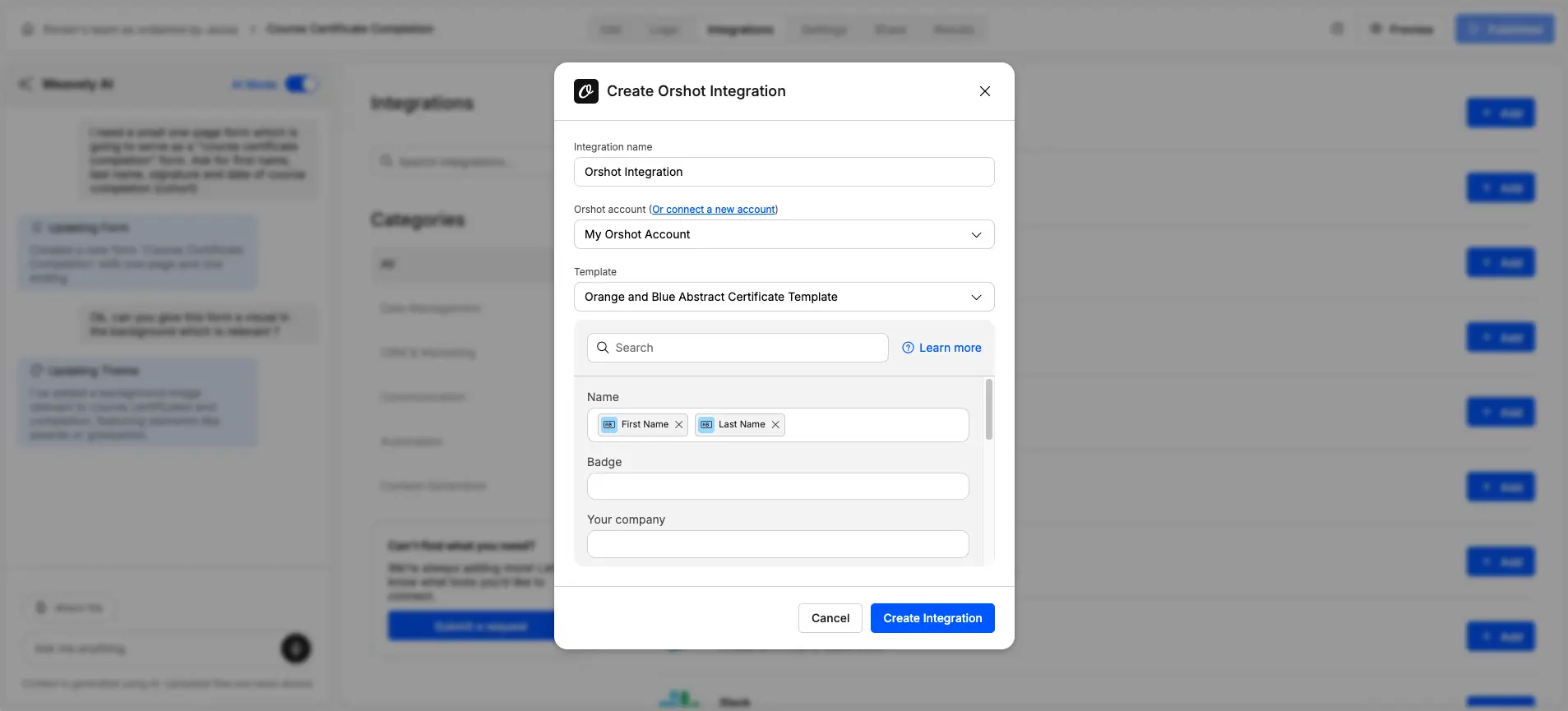 Screenshot showing how to map Weavely form fields to parameters in Orshot.