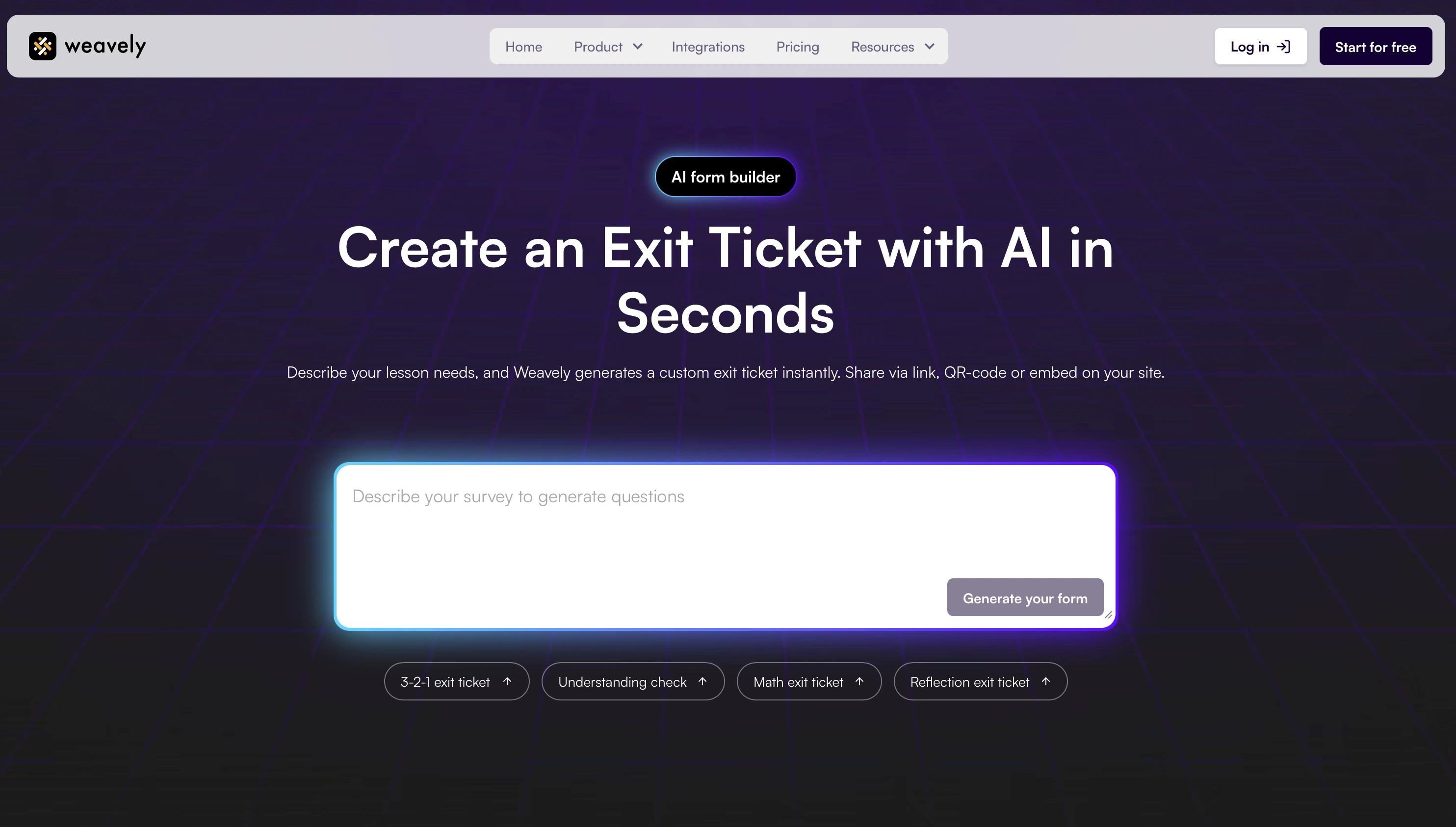 Screenshot of Weavely's free AI exit ticket generator.