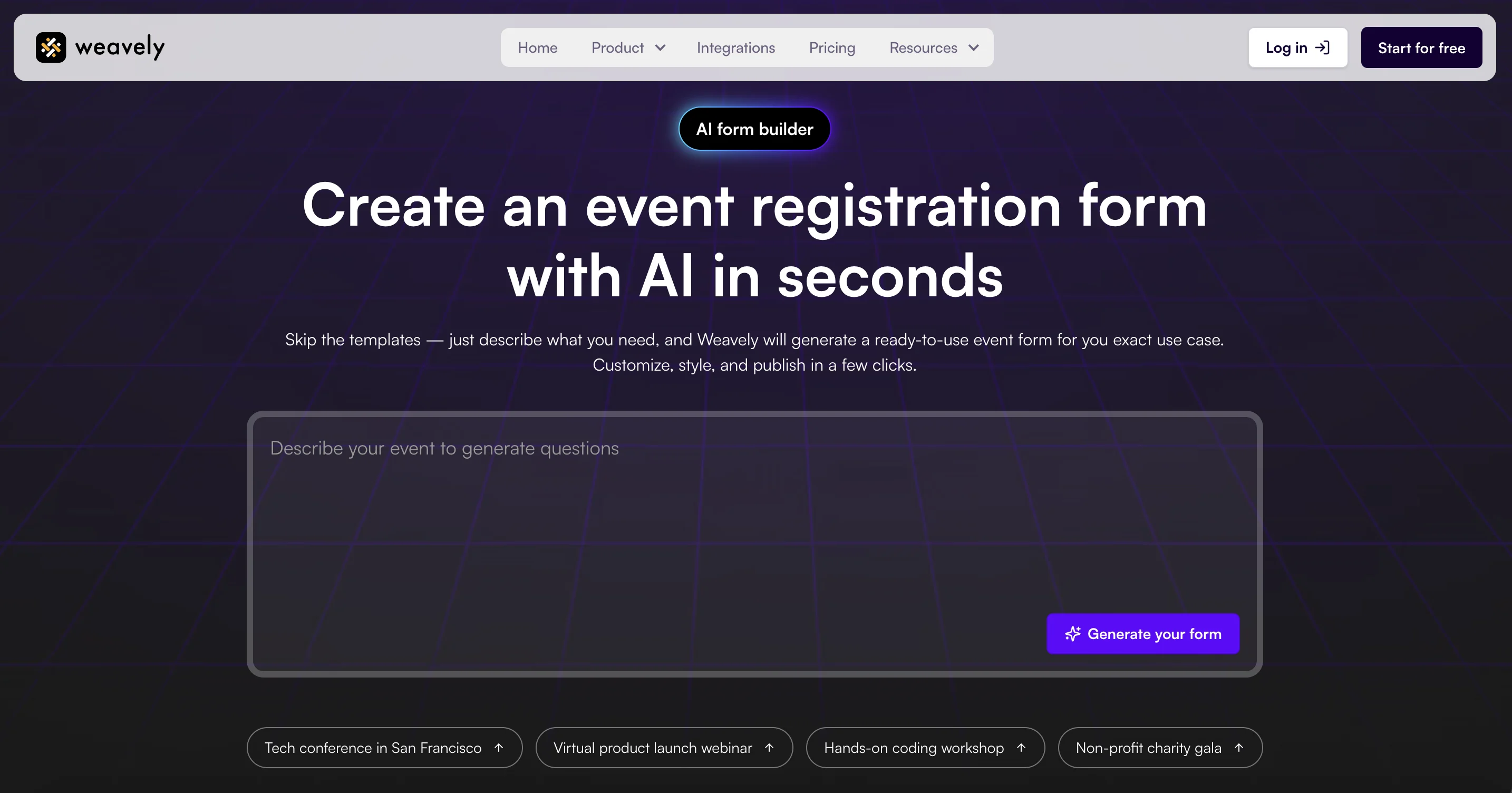 Weavely's AI event form registration builder that facilitates online registration and attendee tracking