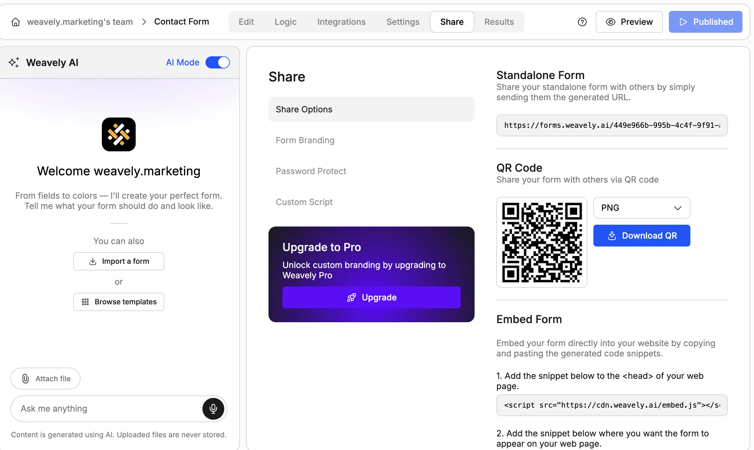 Sharing Weavely feedback form via a QR code