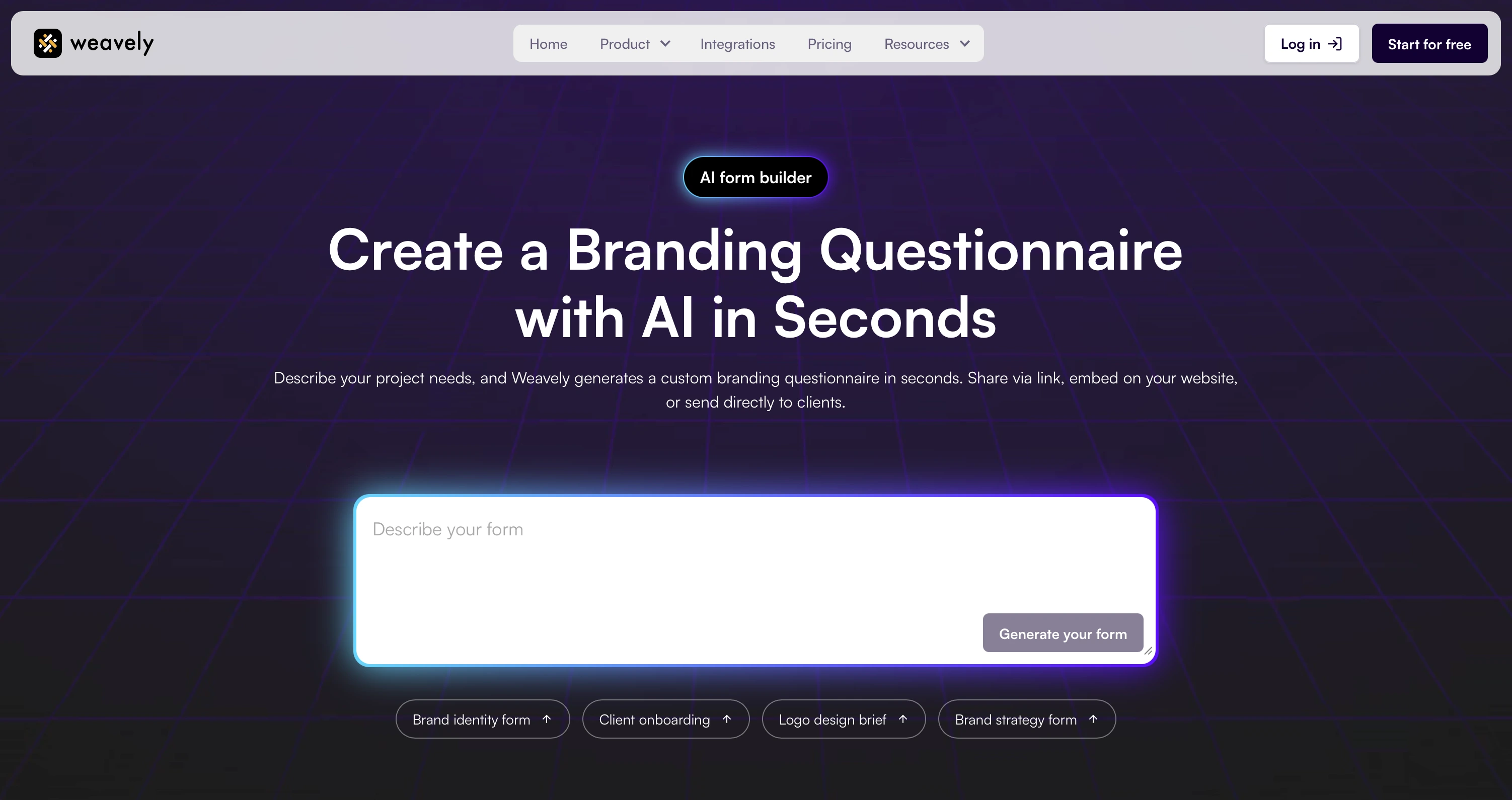 Screenshot of Weavely AI's branding questionnaire generator.