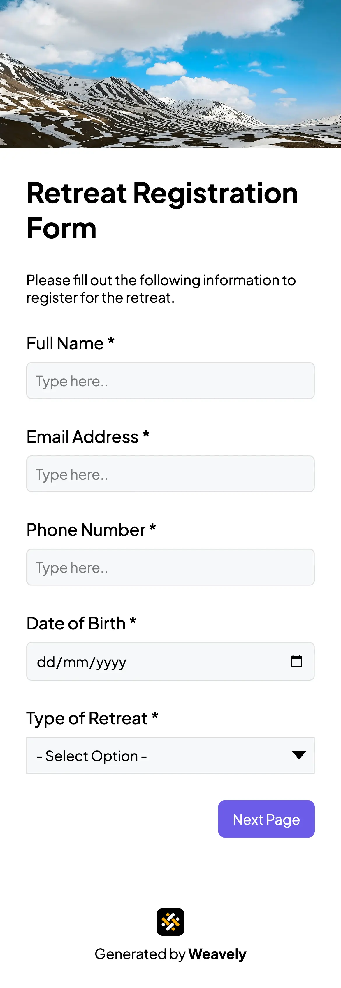 Retreat registration form template