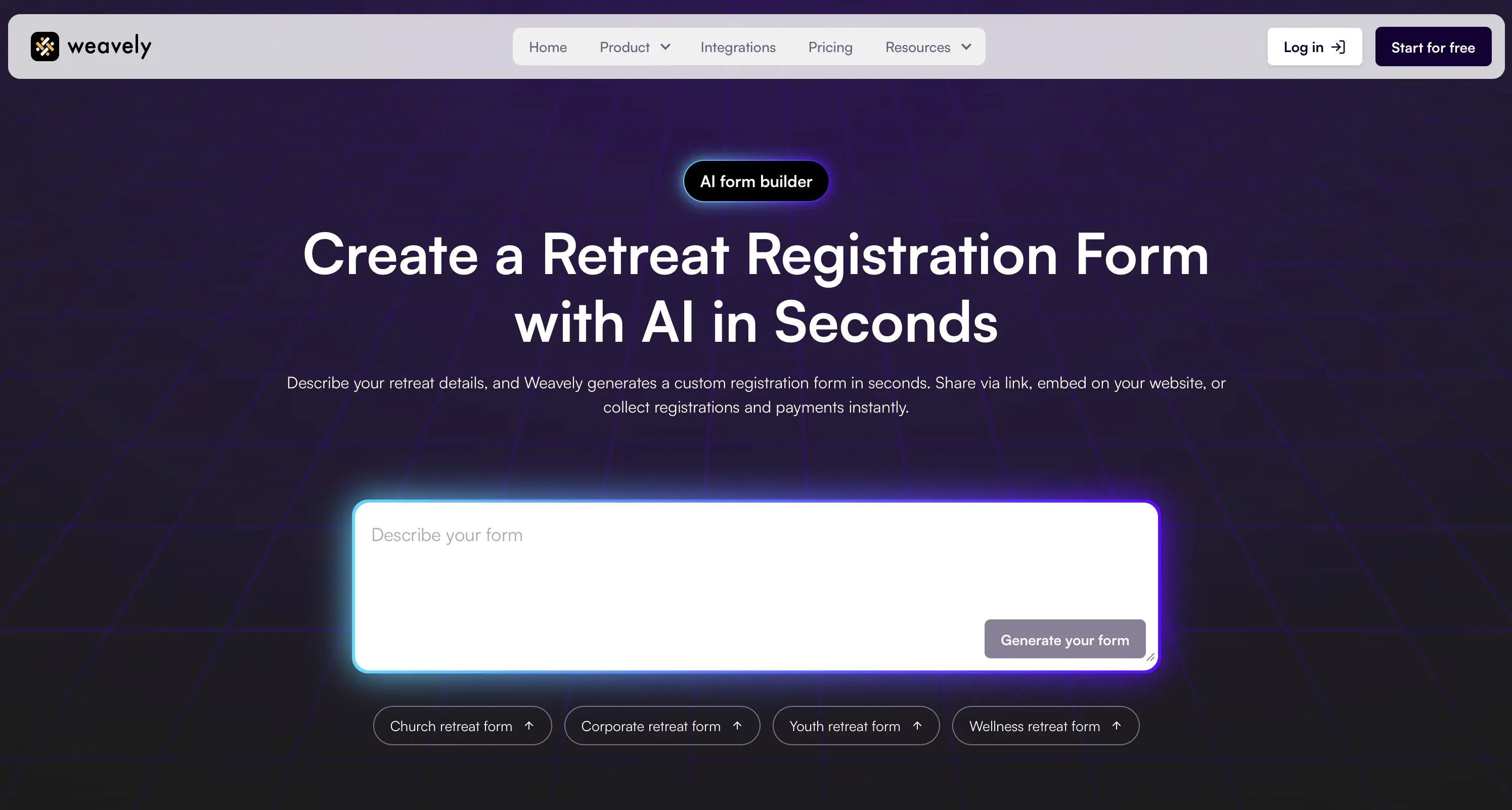 Screenshot from Weavely AI's retreat registration form generator.