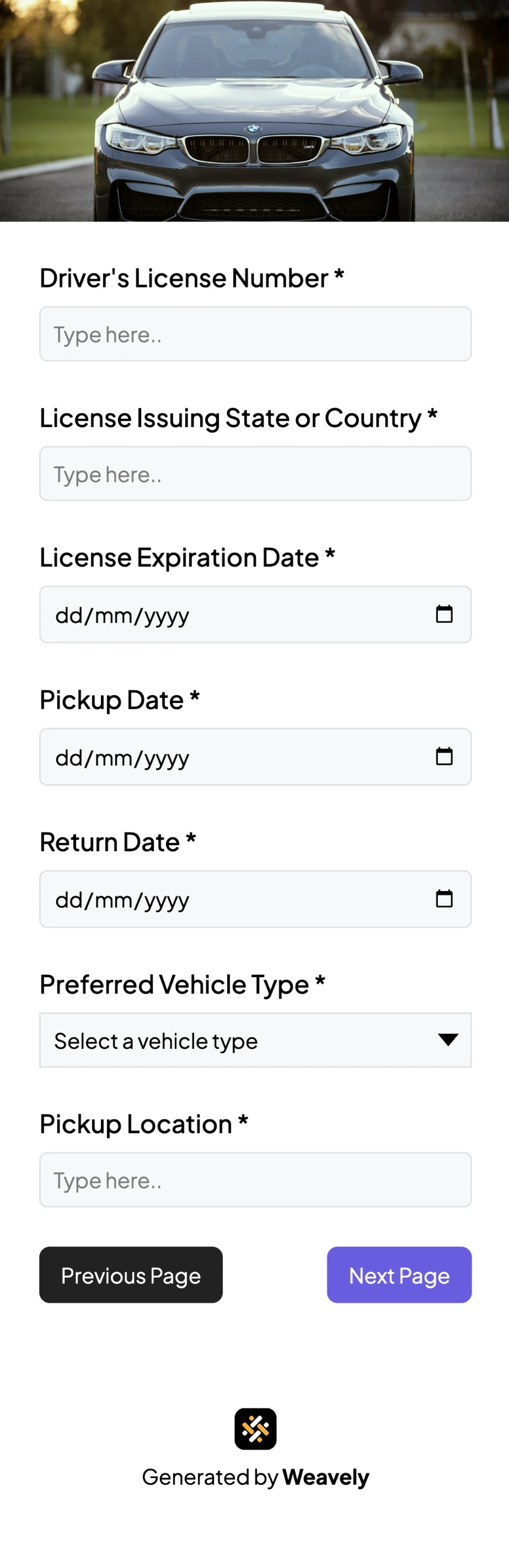 Car rental application form template