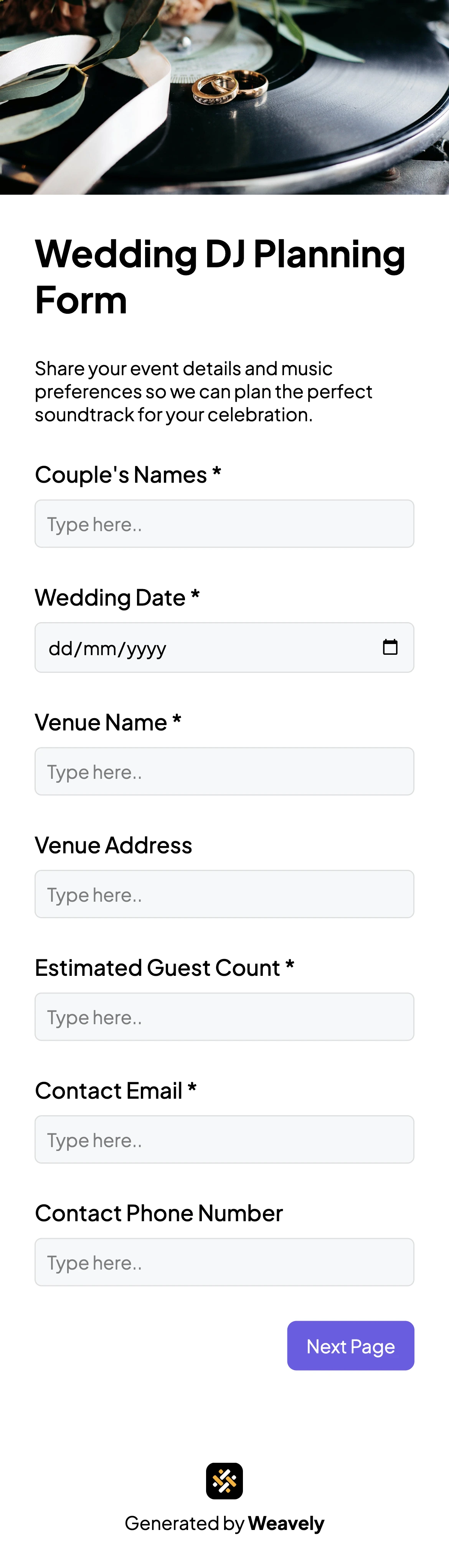 Wedding DJ planning form template