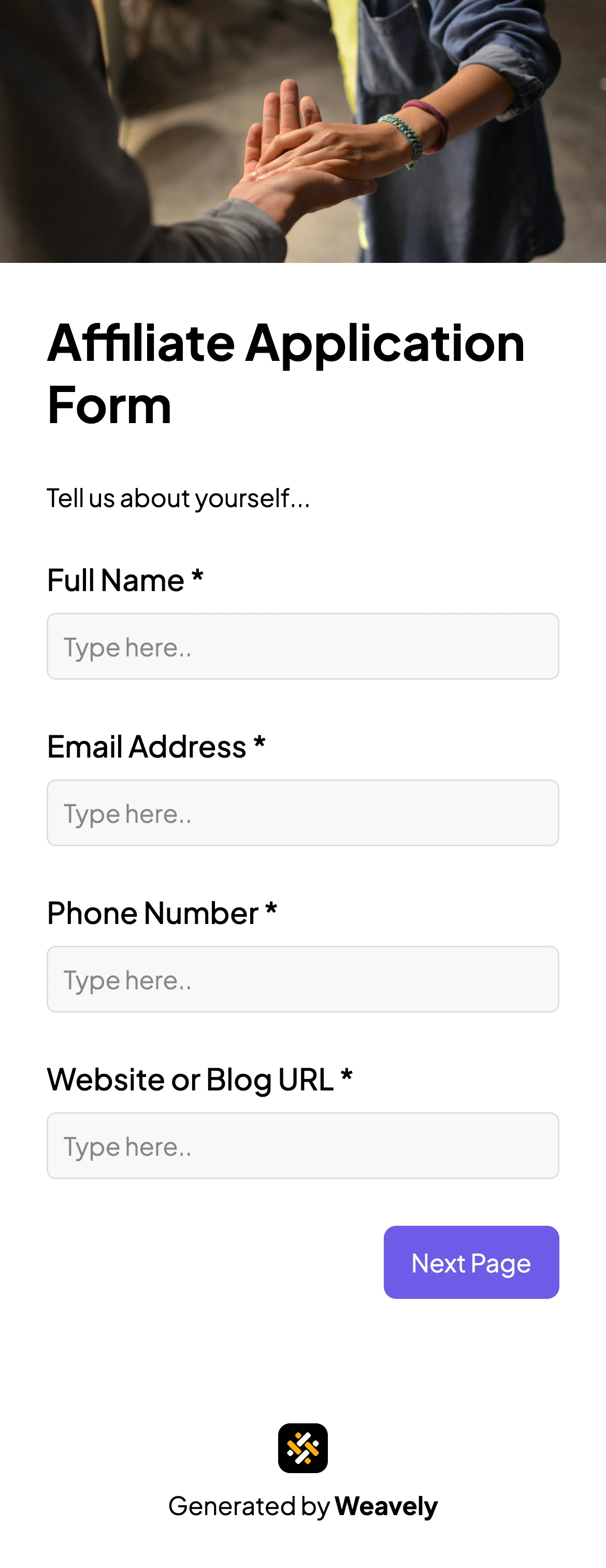 Affiliate application form template