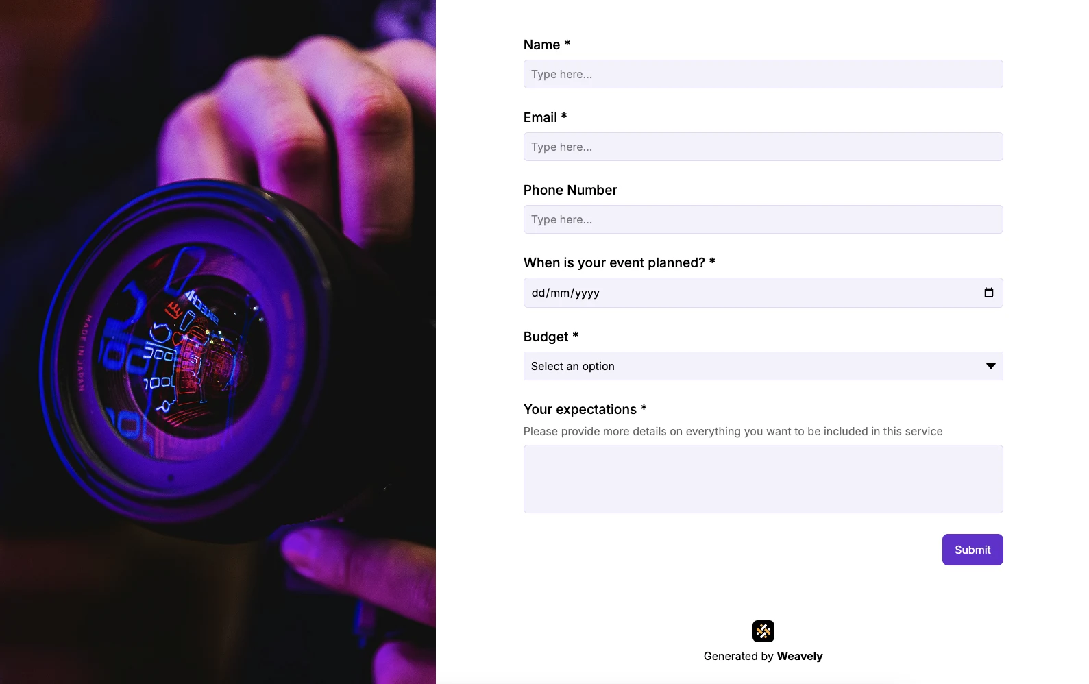 a lead generation form created with Weavely, asking detailed questions to qualify high intent leads