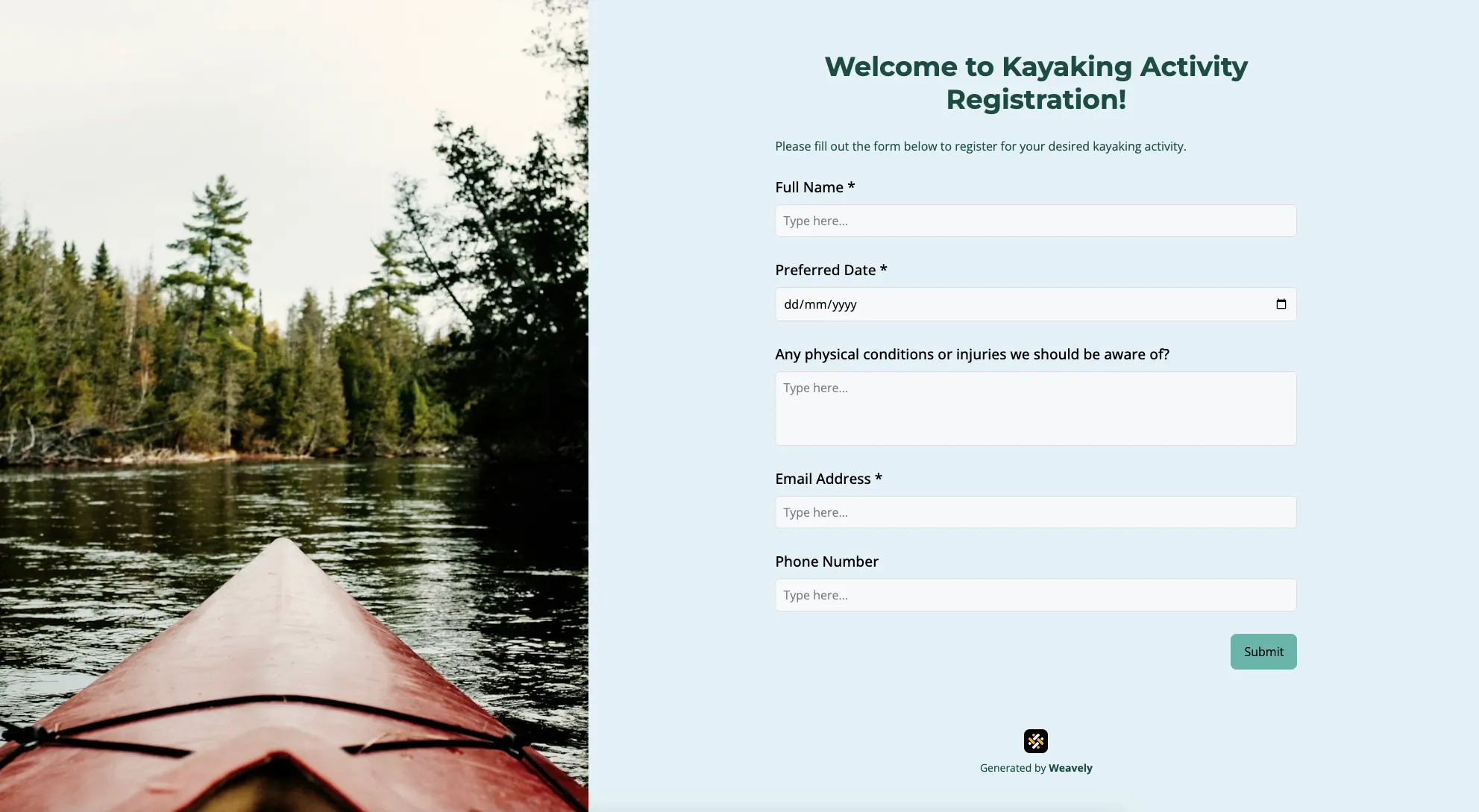 Activity registration form generated with Weavely AI form builder