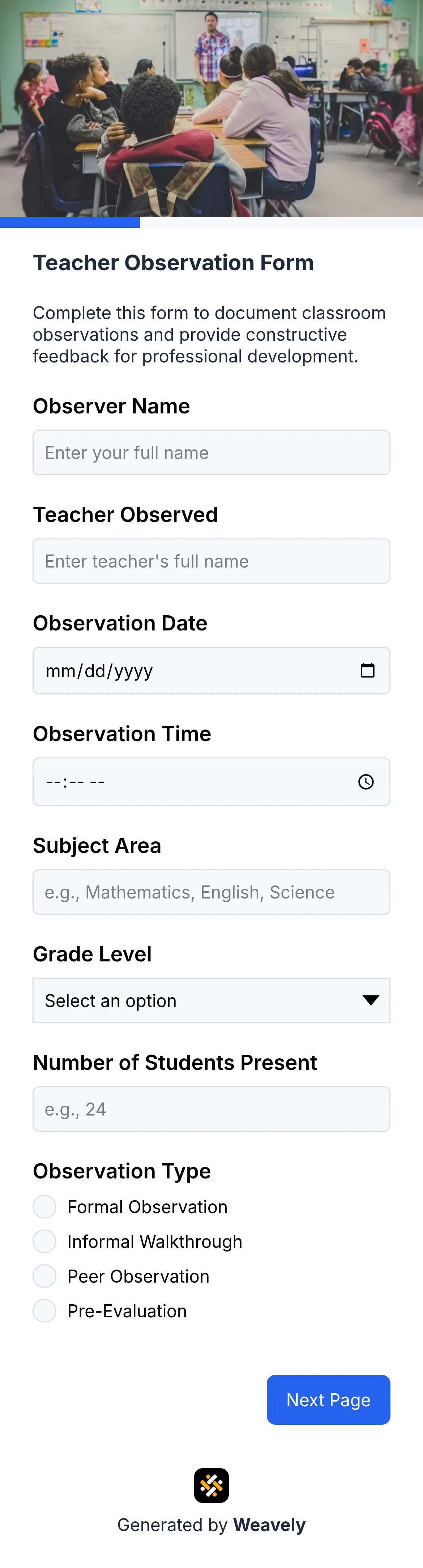 Teacher observation form template