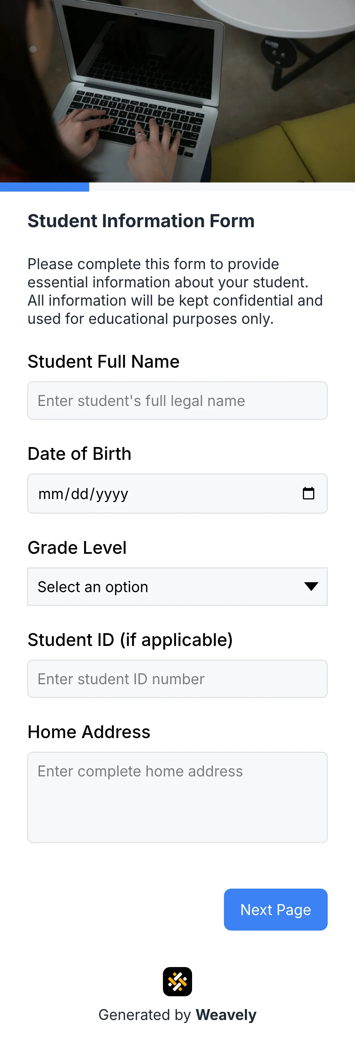 Student information form template