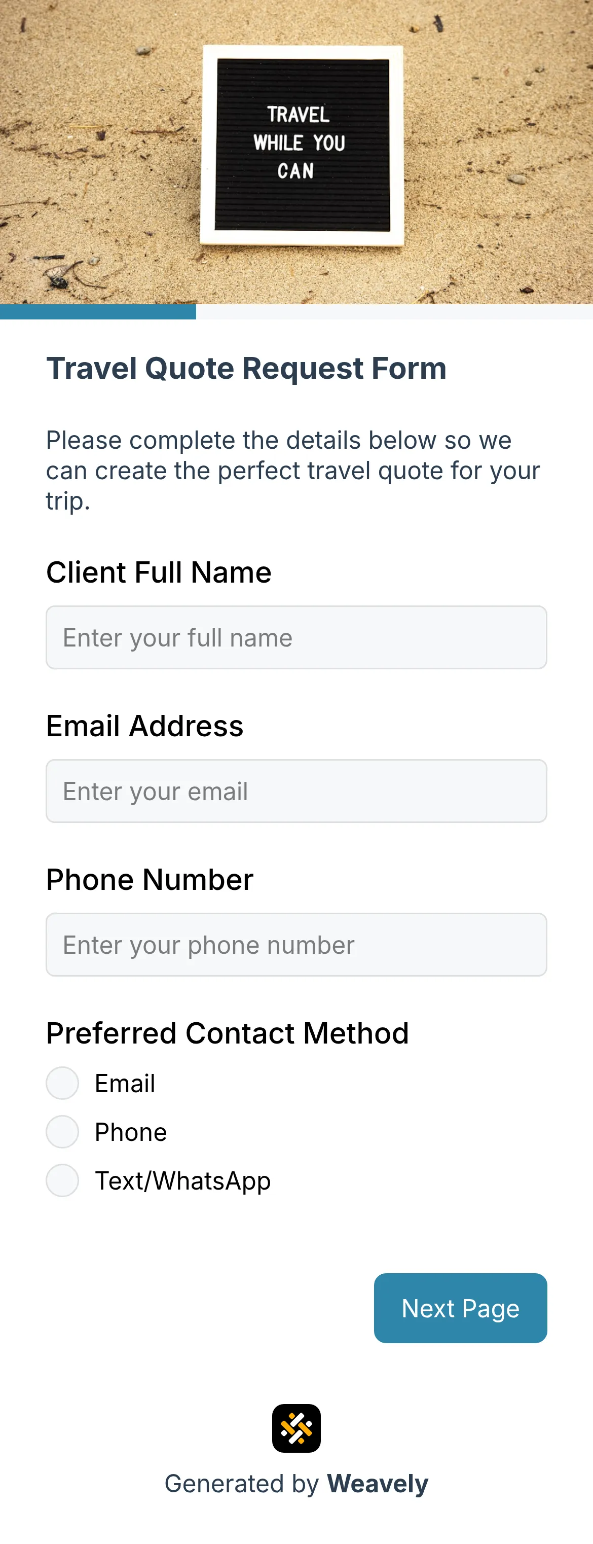 Travel agent quote form template