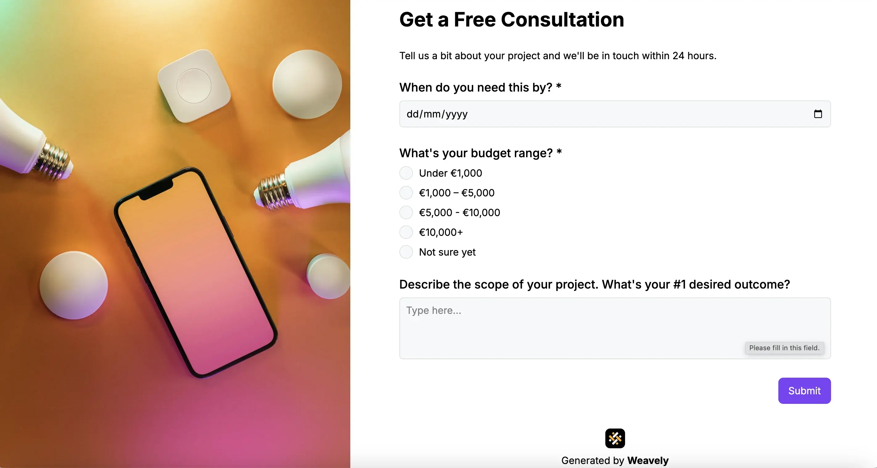 Lead capture form generated with Weavely