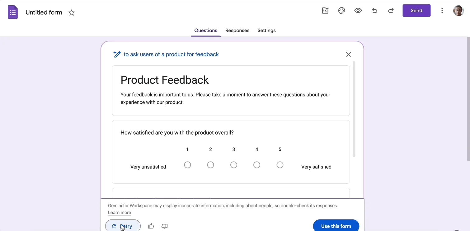 Animated gif showing how to regenerate a form in Google Forms using AI.