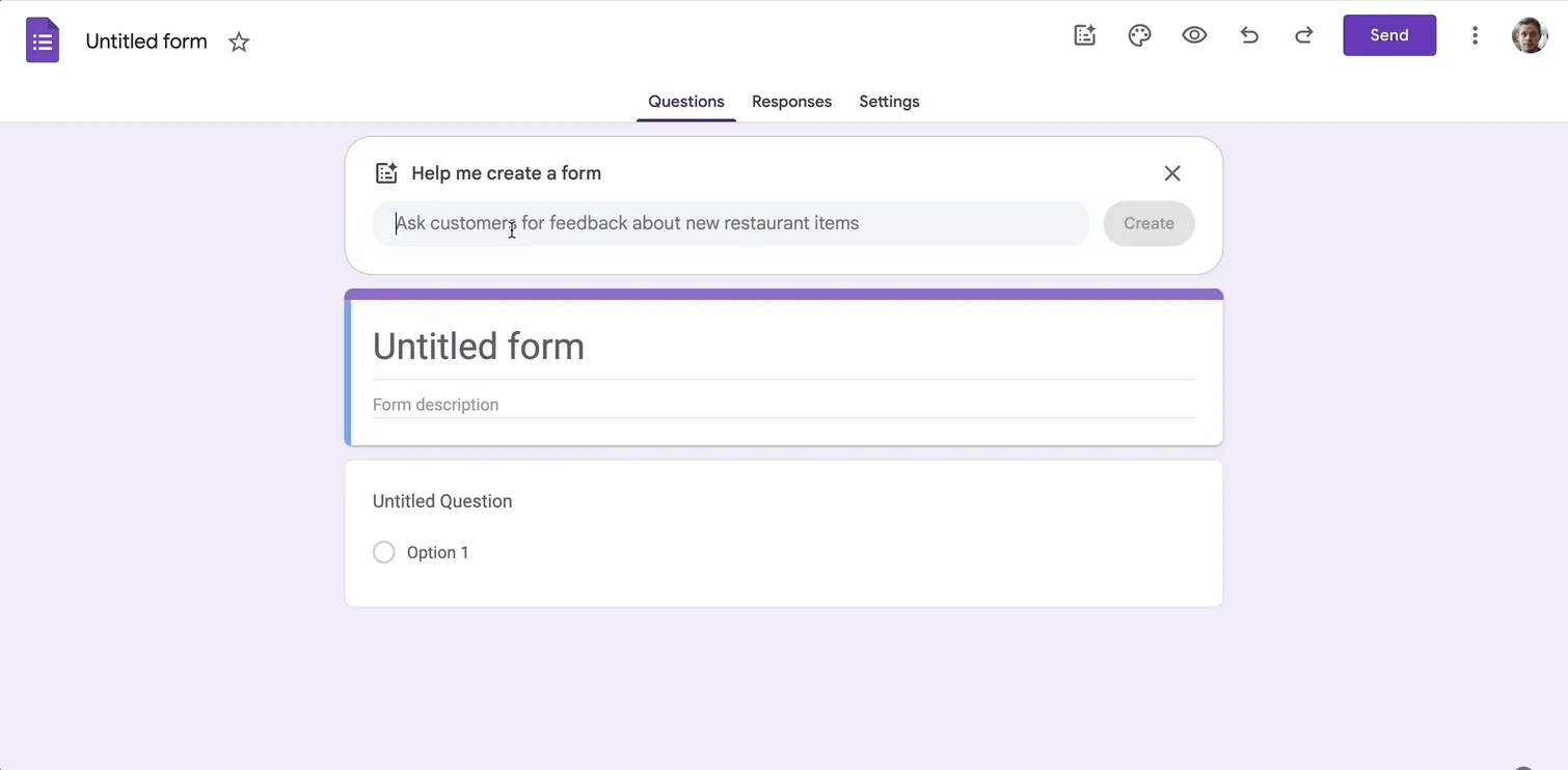 Animated gif showing how to use AI inside Google Forms
