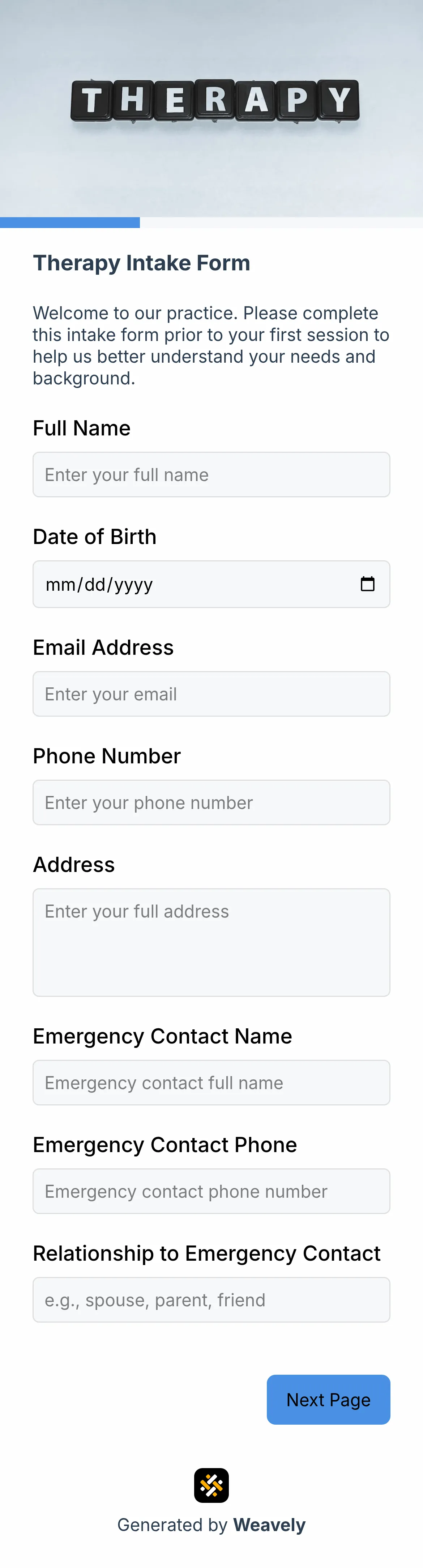 Therapy intake form template