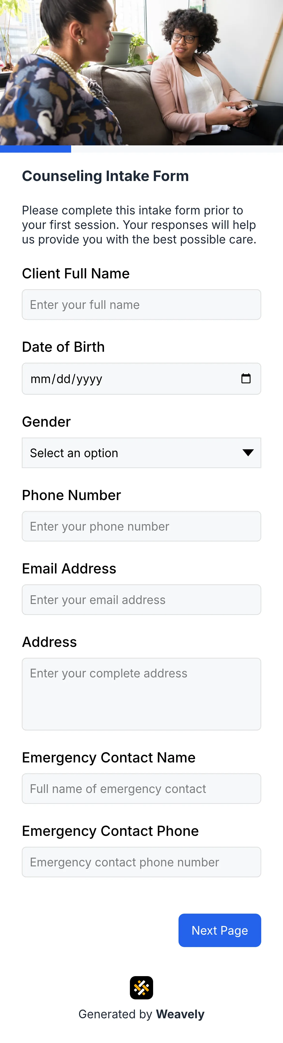 Counseling intake form template