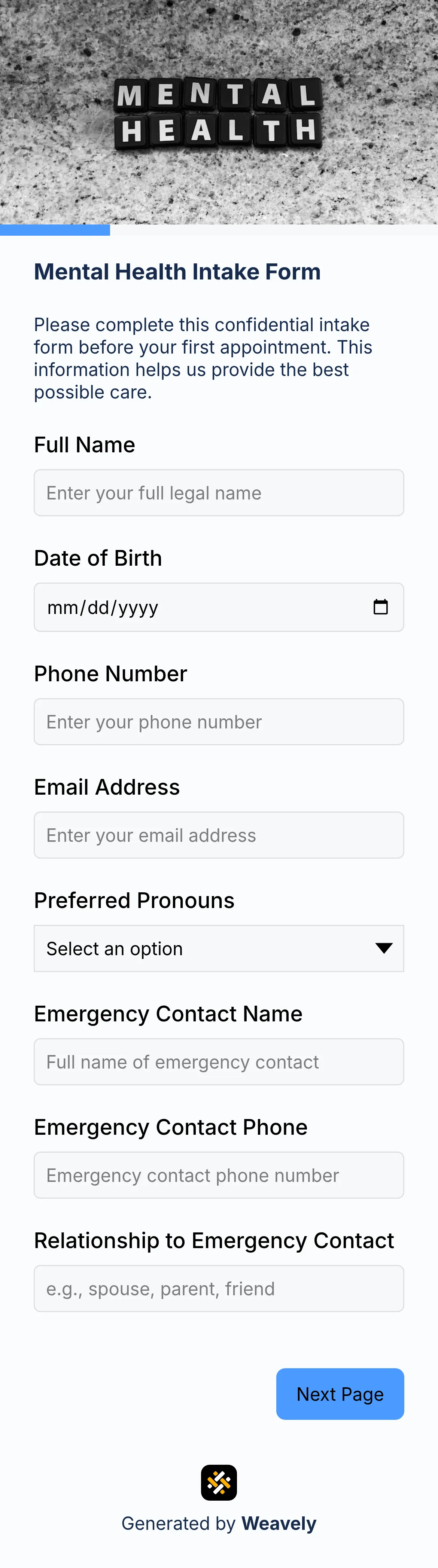 Mental health intake form template
