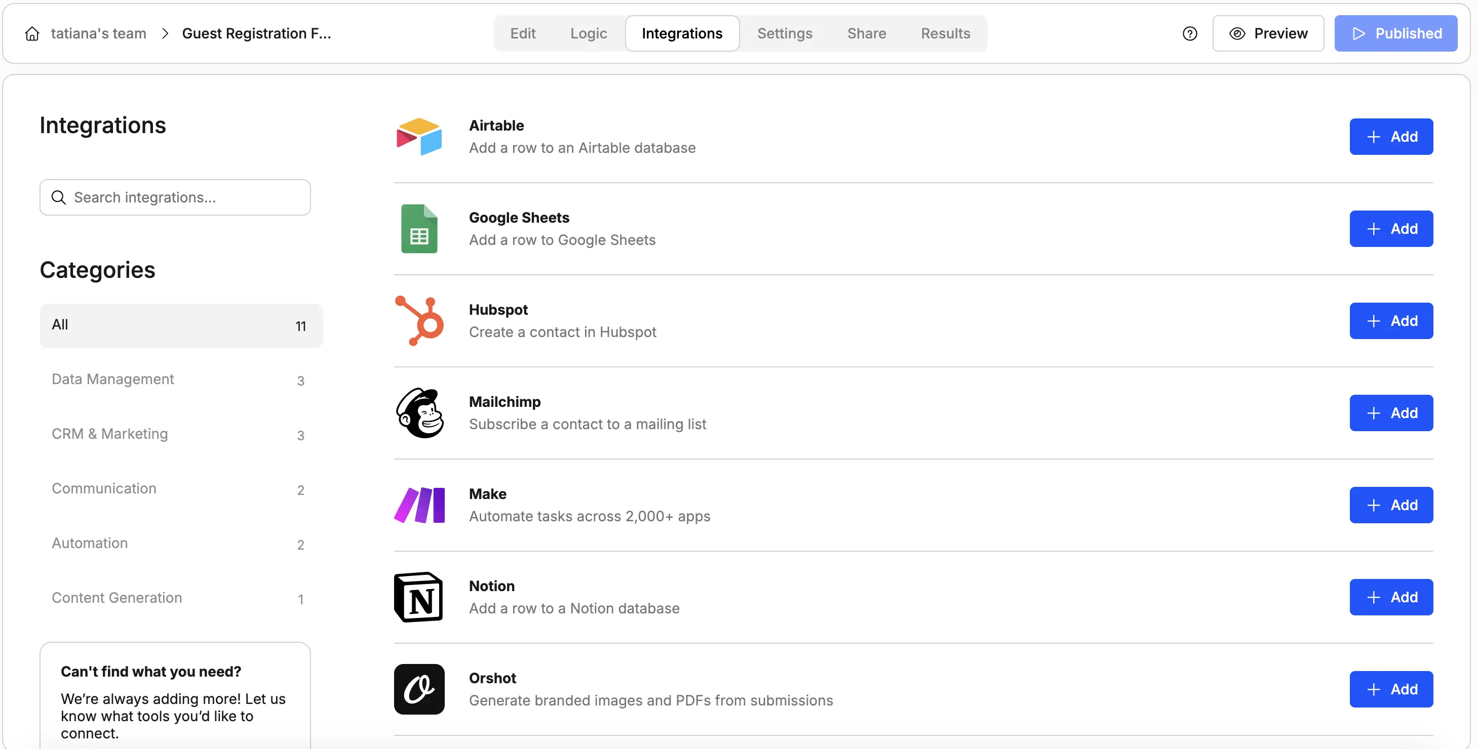 Sending submissions from guest registration forms into event/tour management tool