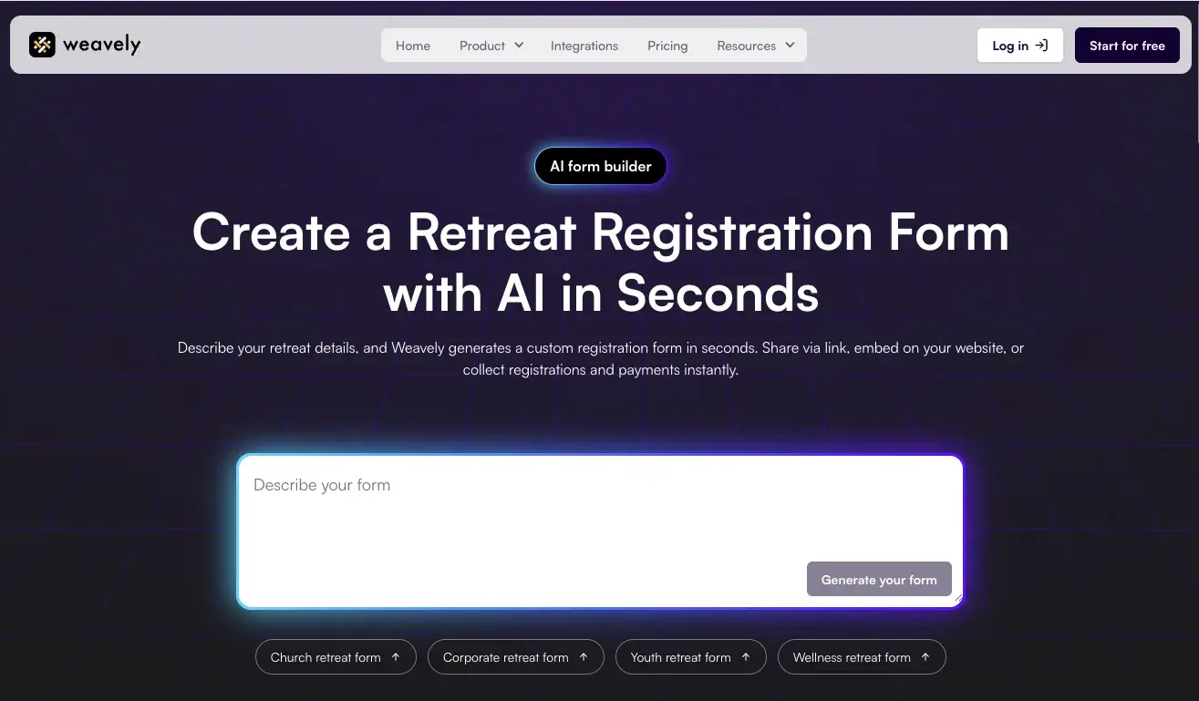 retreat registration form builder, for free with AI