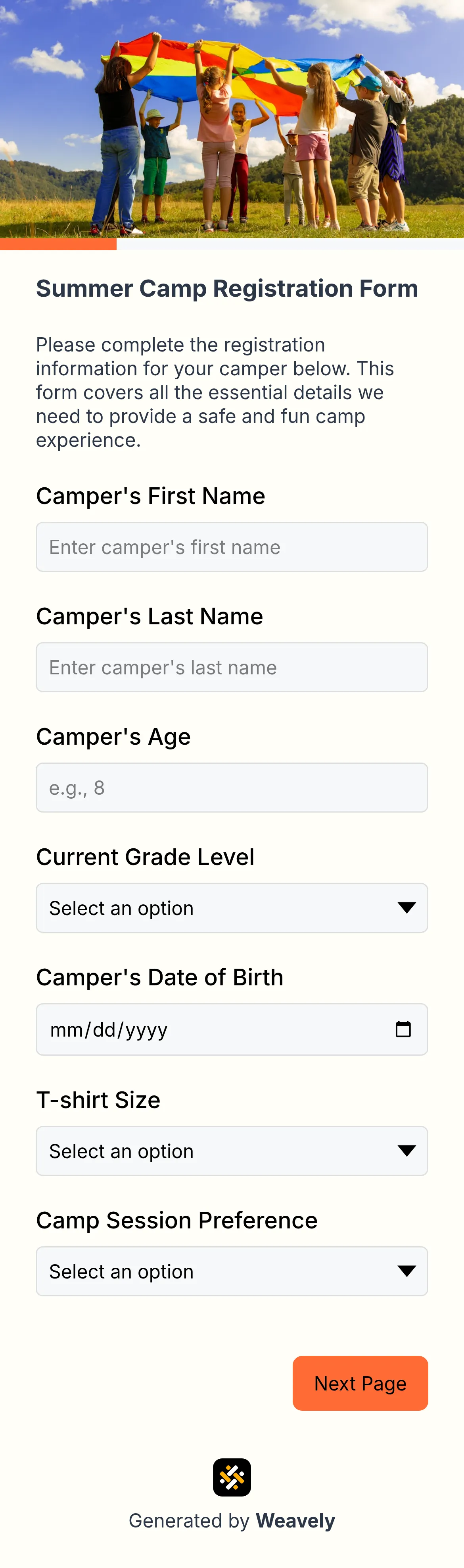Summer camp registration form template