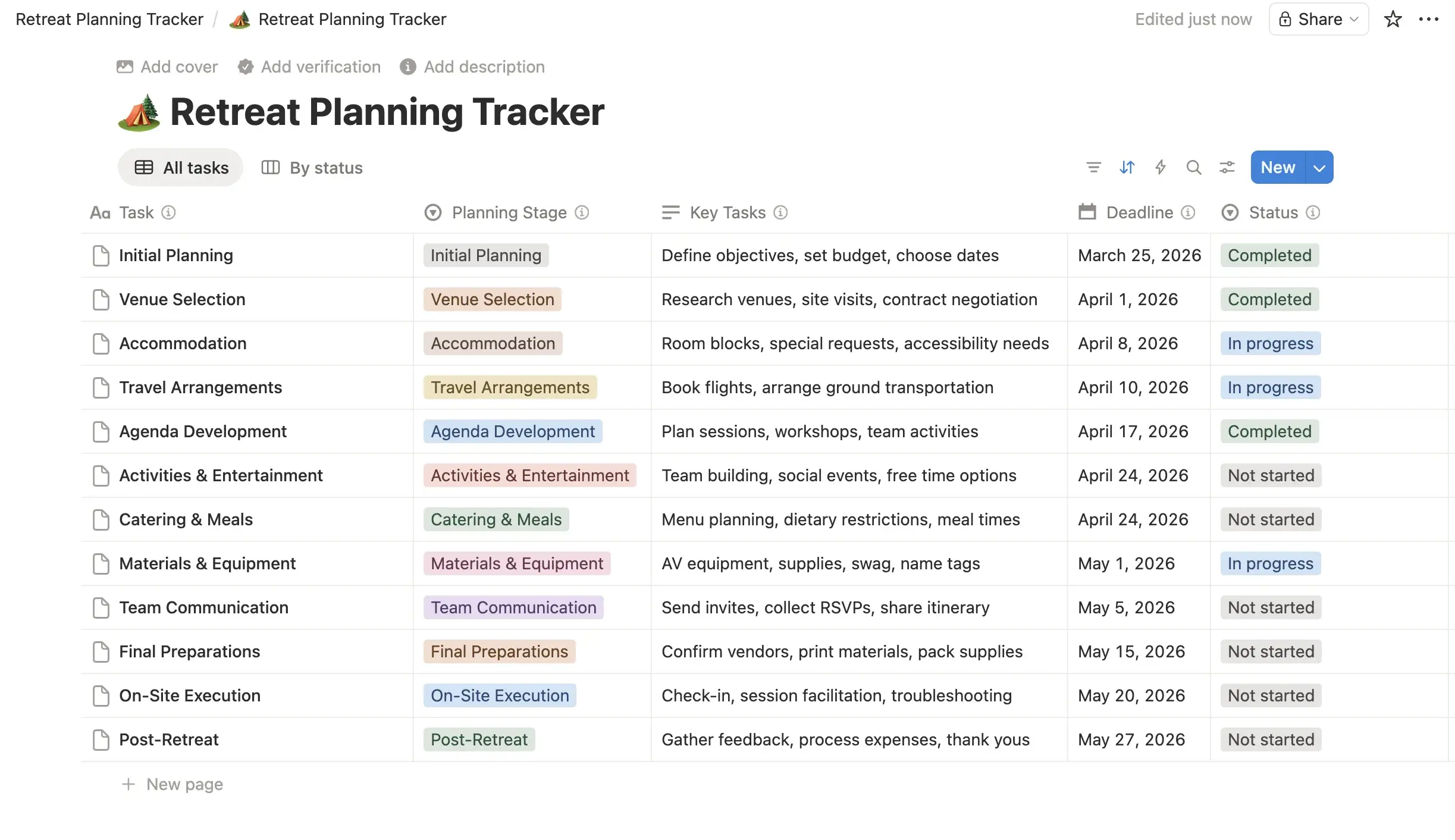 All retreat planning process details in a Notion database