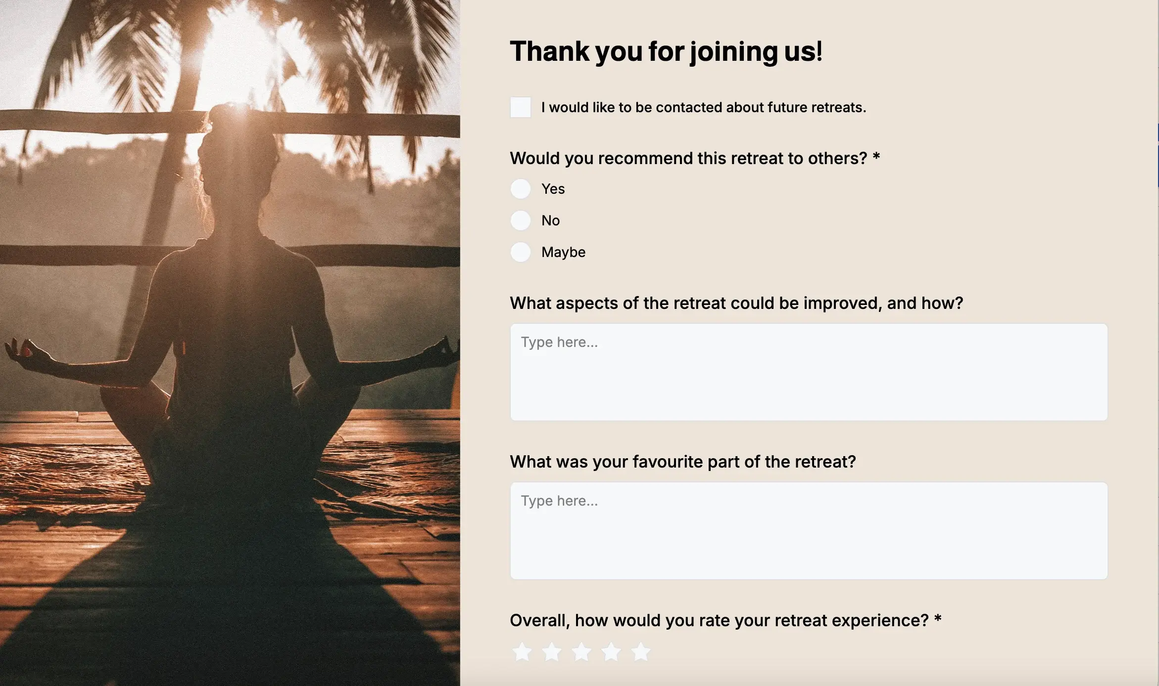 Asking guests about their yoga retreat experience in a feedback form generated by Weavely