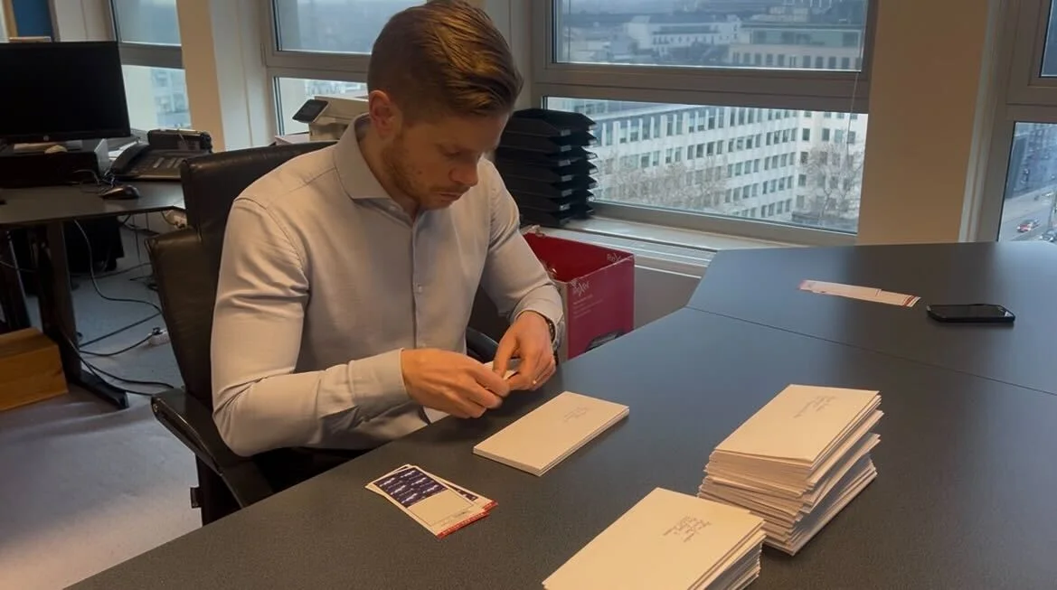 Picture of Florian stamping letters.