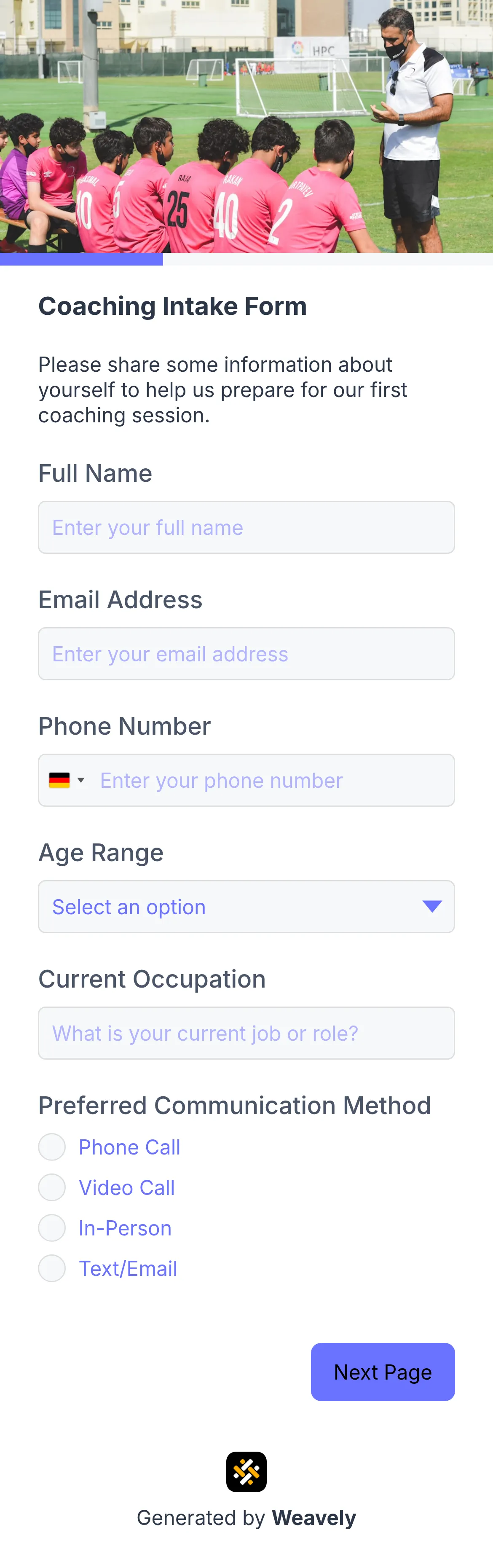 Coaching intake form template