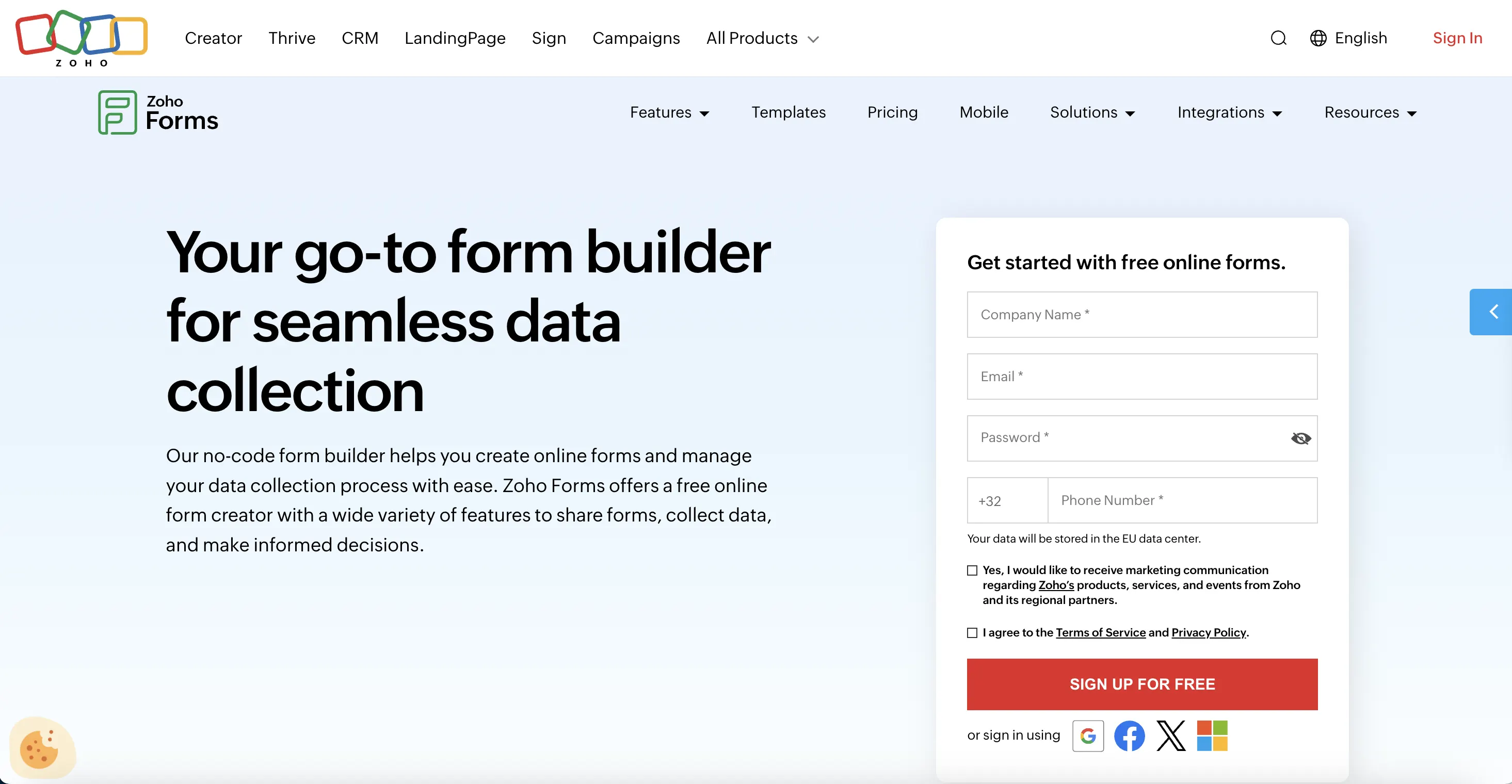 Zoho Forms homepage