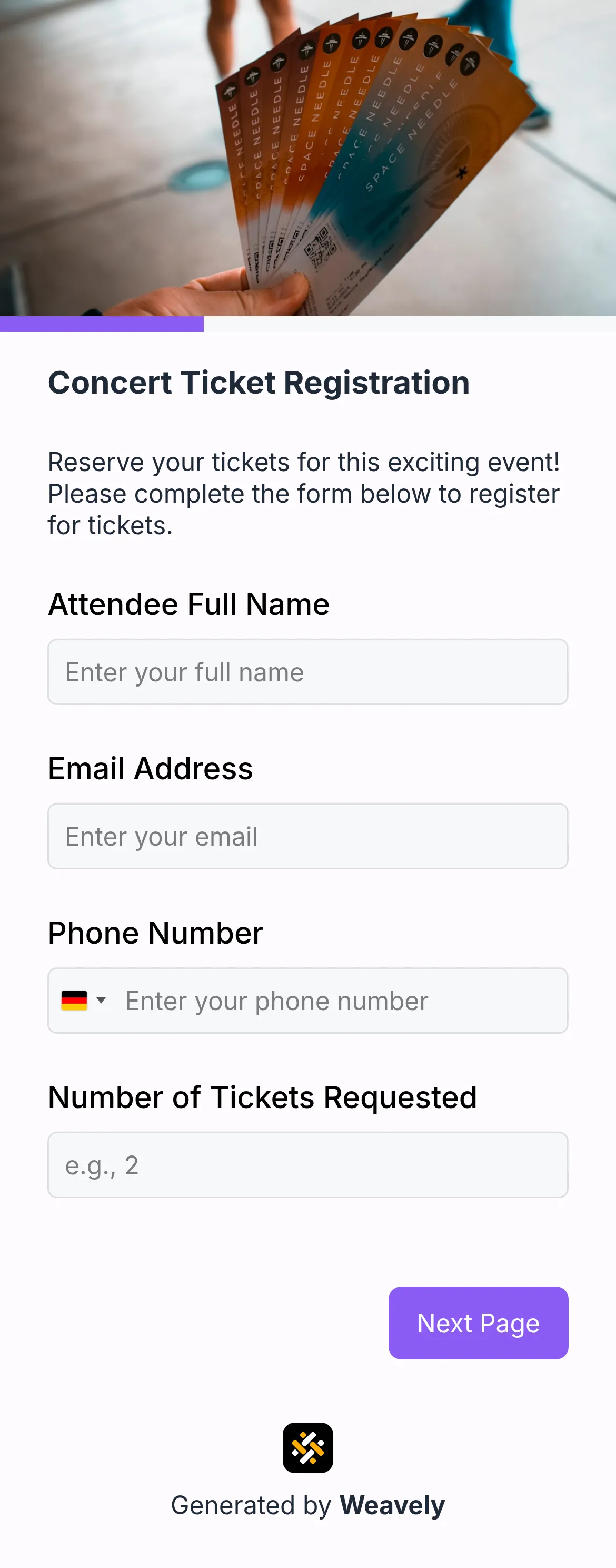 Ticket registration form template
