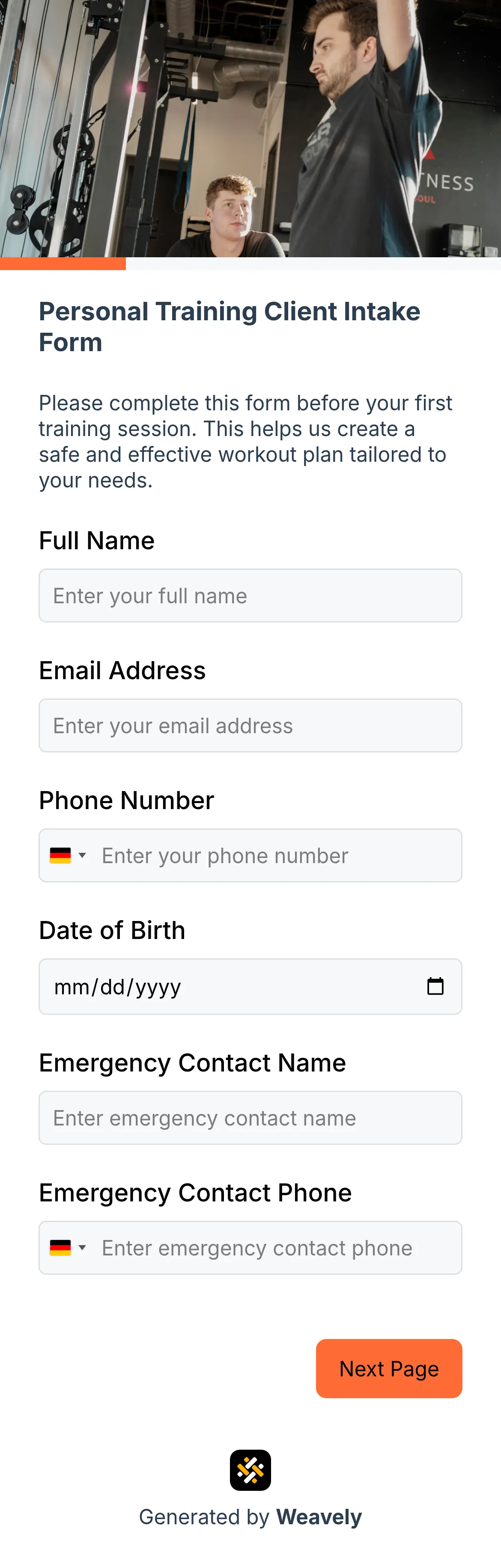 Personal training client intake form template